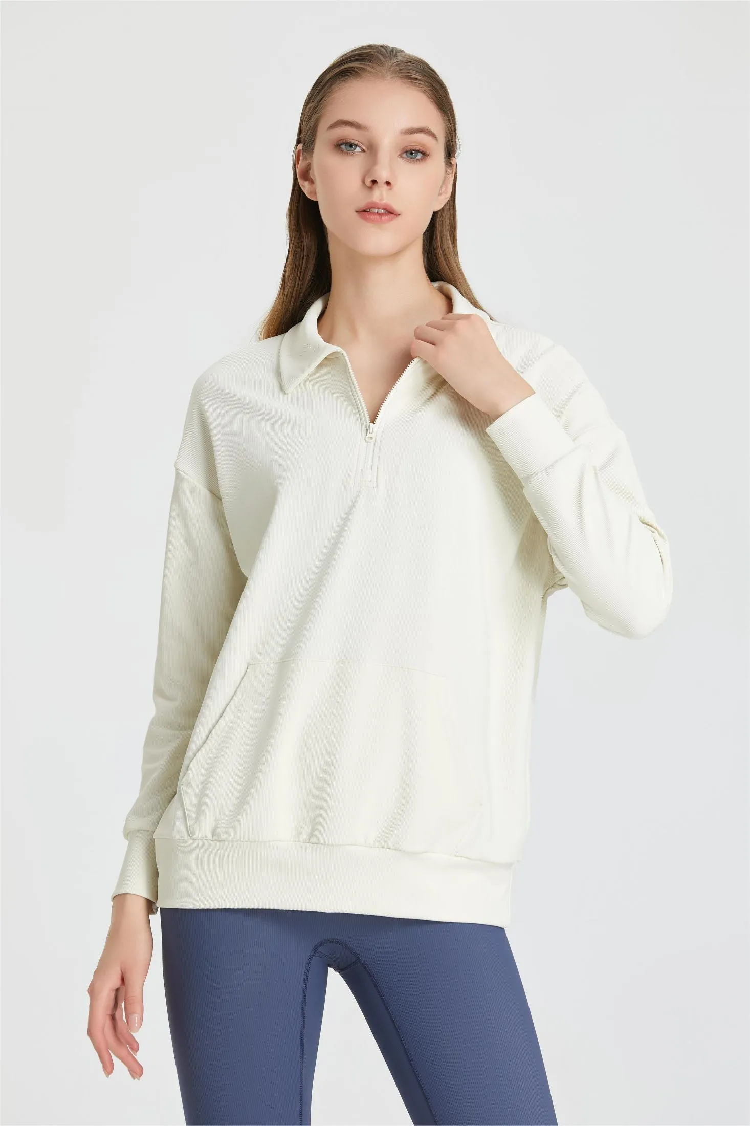 Ribbed Lapel Collar Half-Zip Sweatshirt