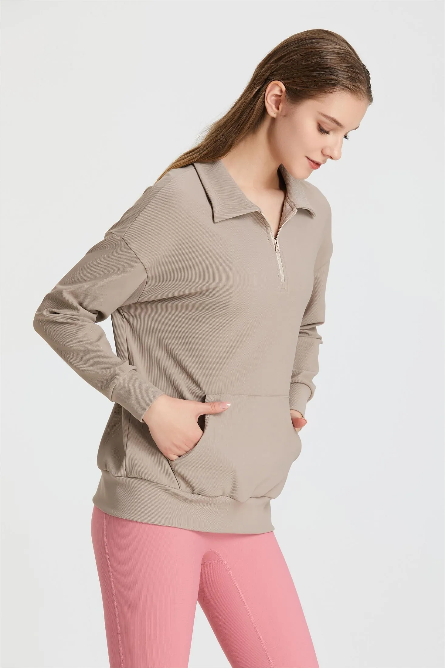 Ribbed Lapel Collar Half-Zip Sweatshirt