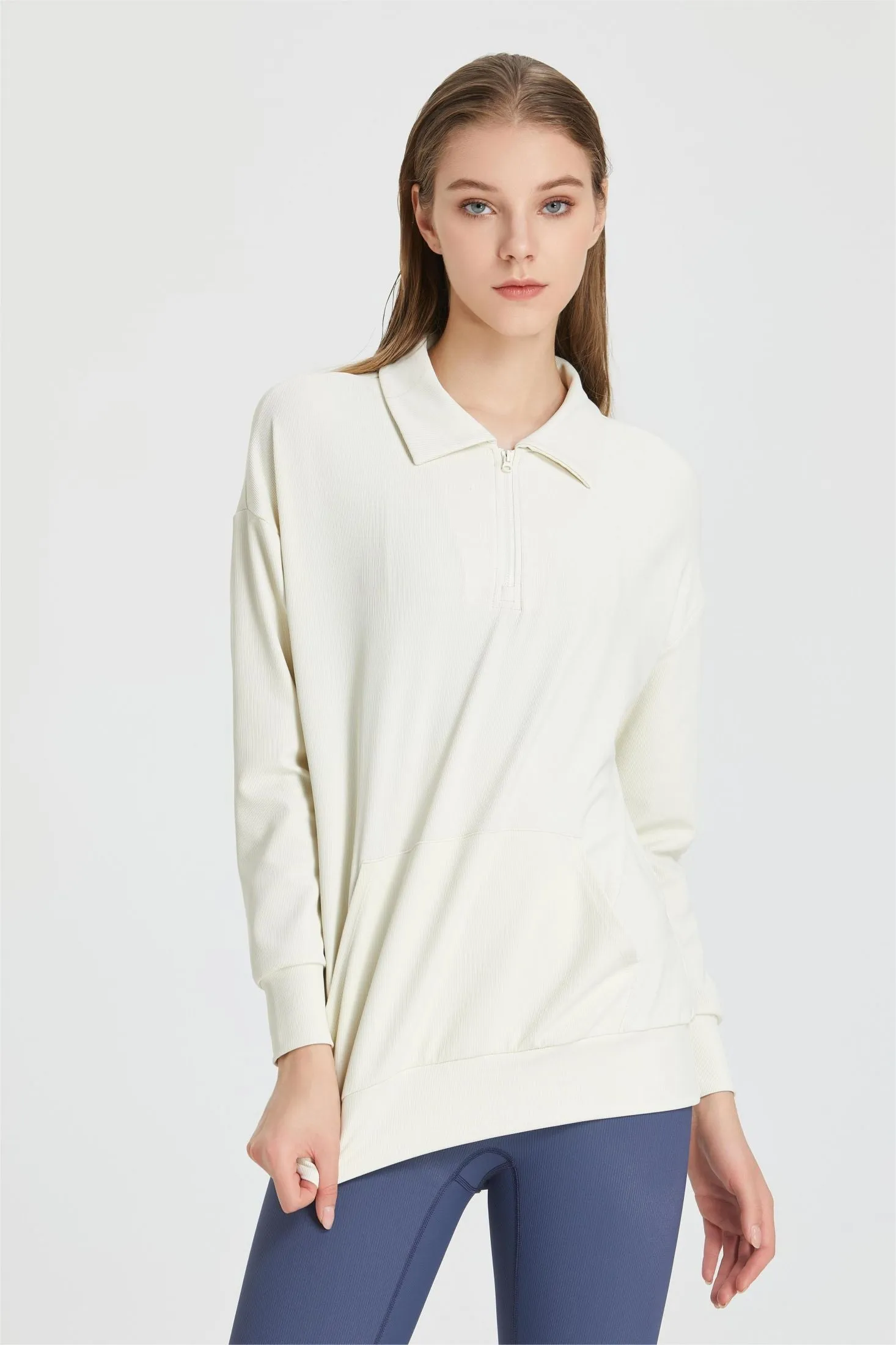 Ribbed Lapel Collar Half-Zip Sweatshirt