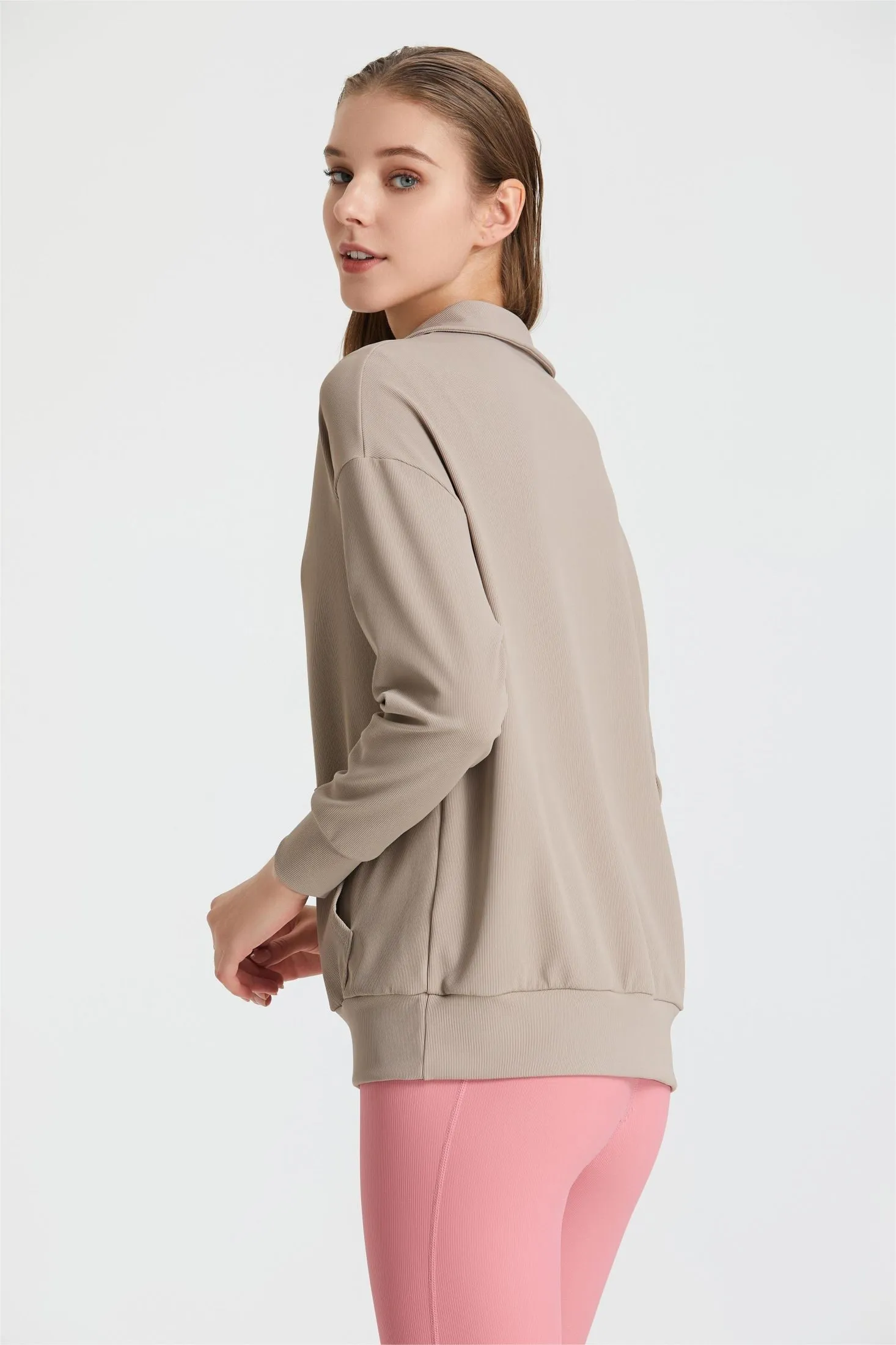 Ribbed Lapel Collar Half-Zip Sweatshirt