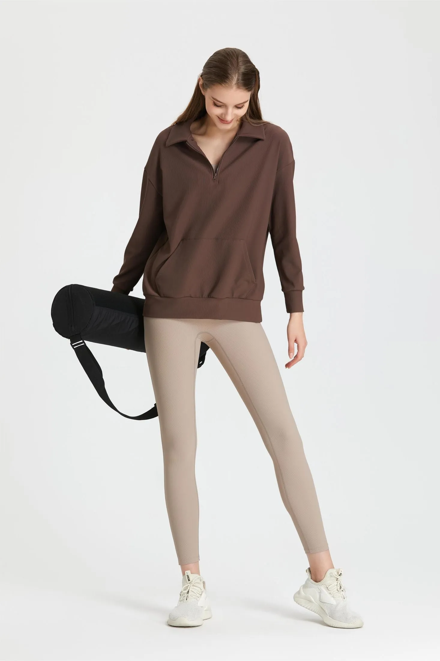 Ribbed Lapel Collar Half-Zip Sweatshirt