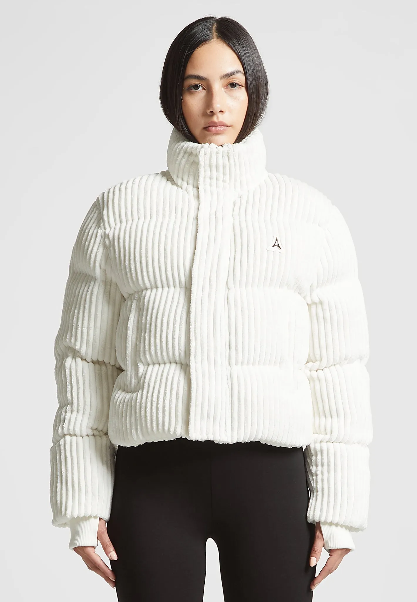 Ribbed Velour Puffer Jacket - Cream