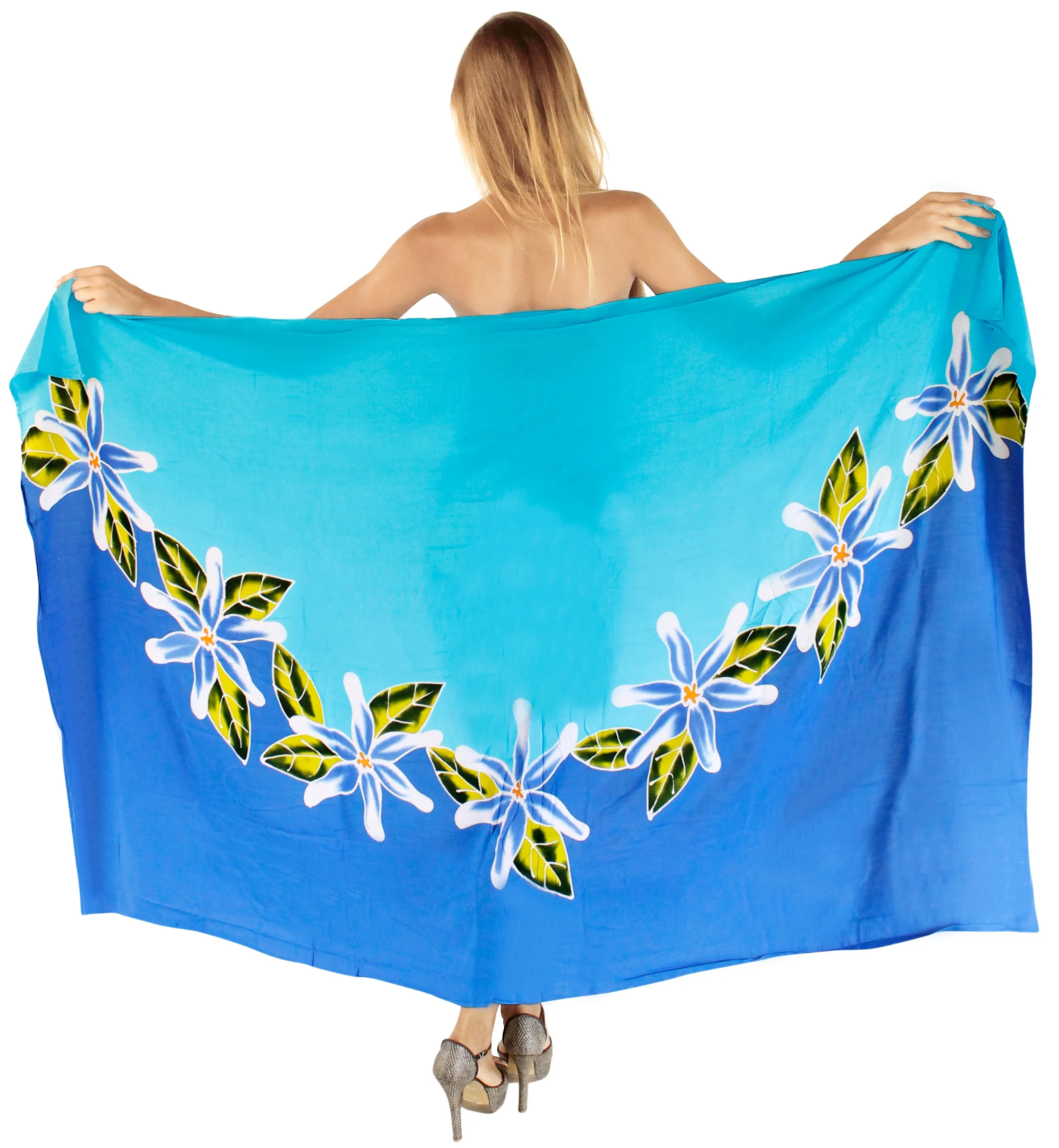 Royal blue and White Non-Sheer Hand Painted Prumeria Flower Beach Wrap For Women