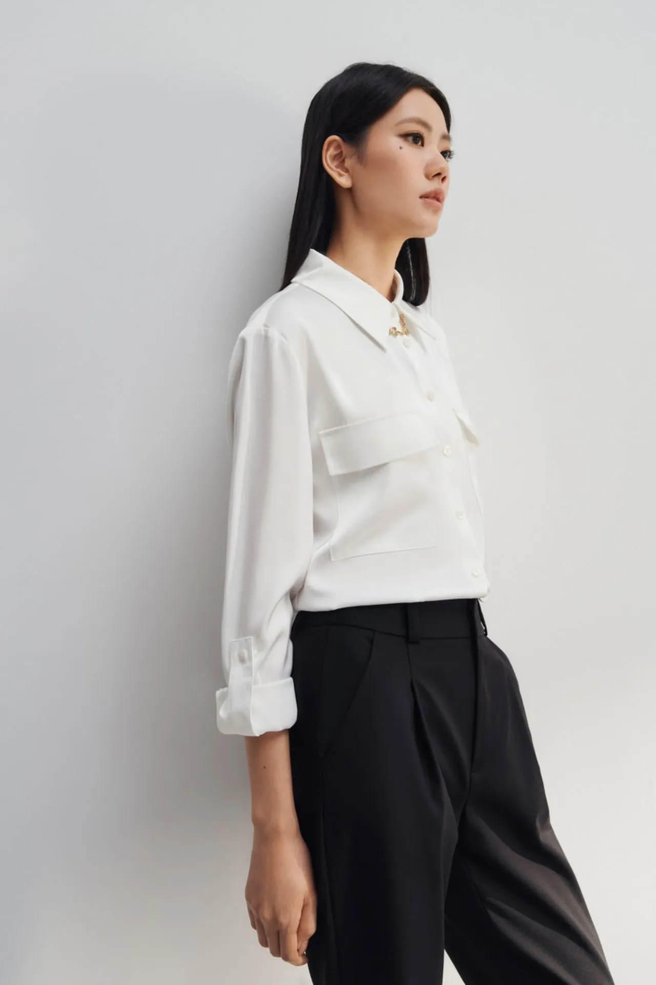 Satin Shirt Collar Blouse With Detachable Chain