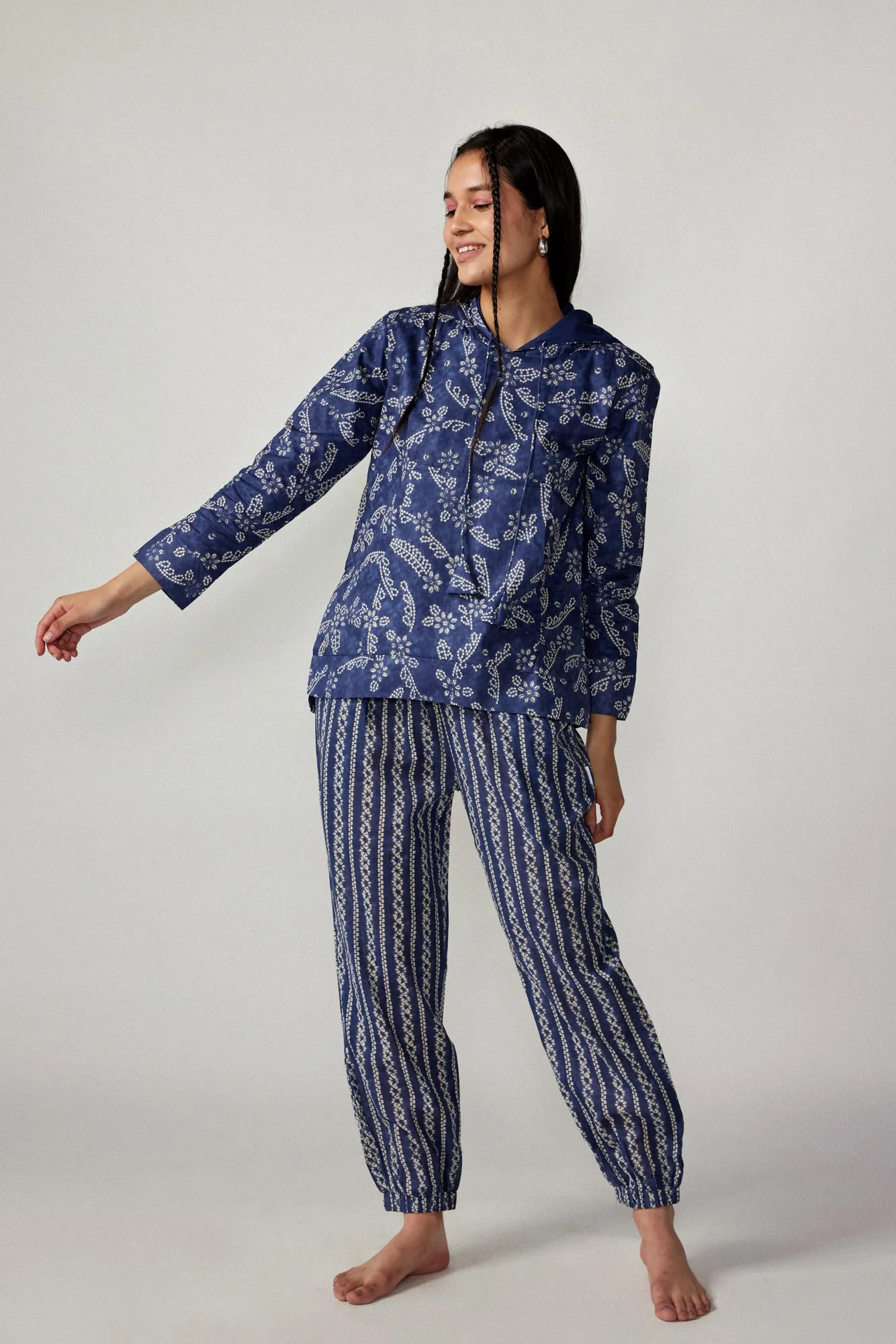 Shibori on blue Cotton Hoodie Set