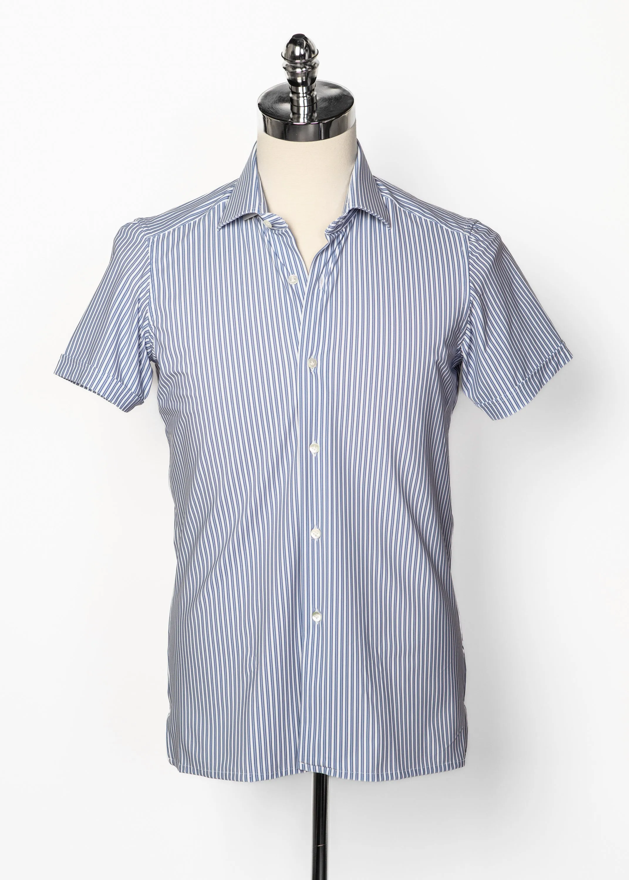 Short Sleeve Shirt in White and Light Blue Double Stripe