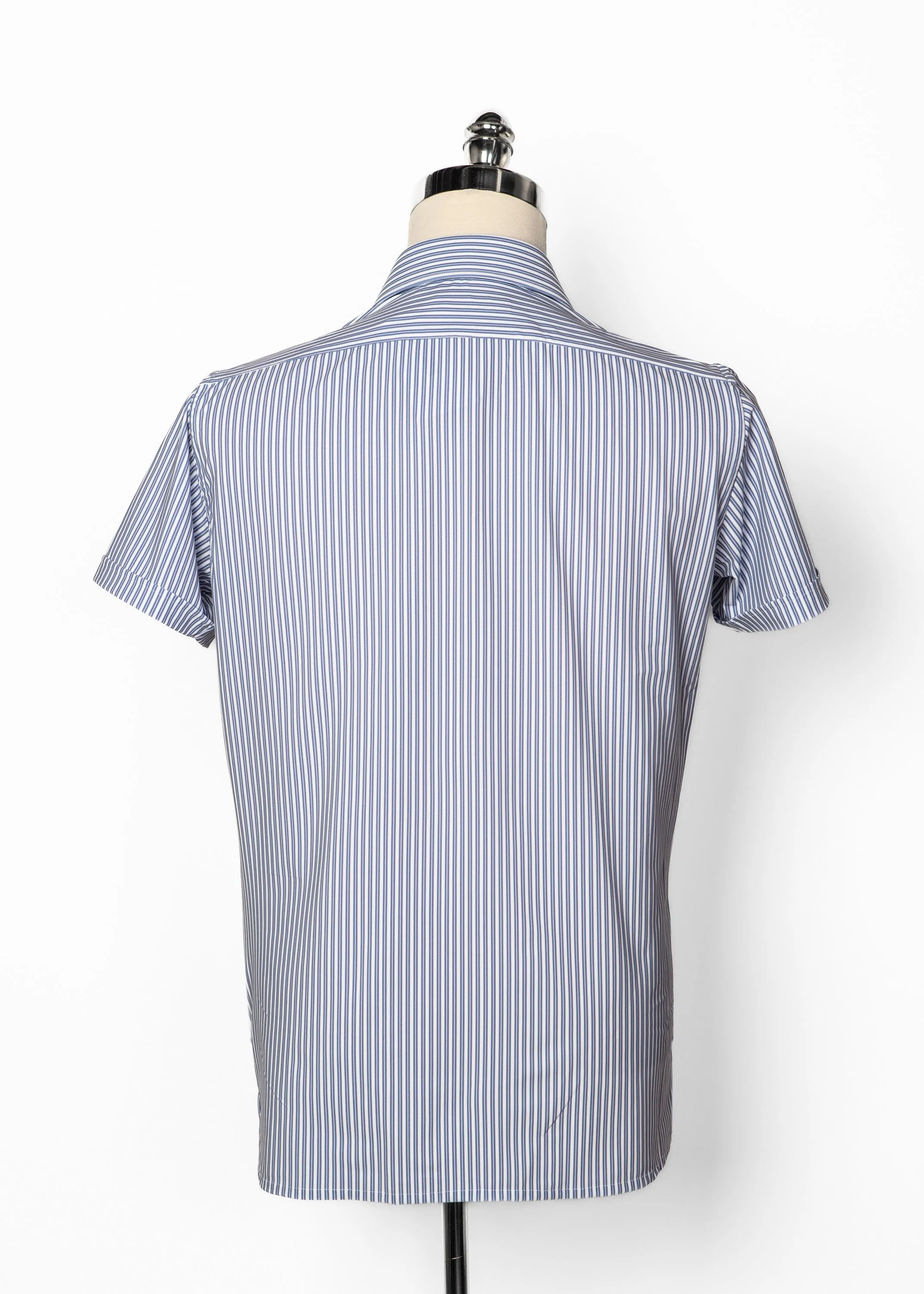 Short Sleeve Shirt in White and Light Blue Double Stripe