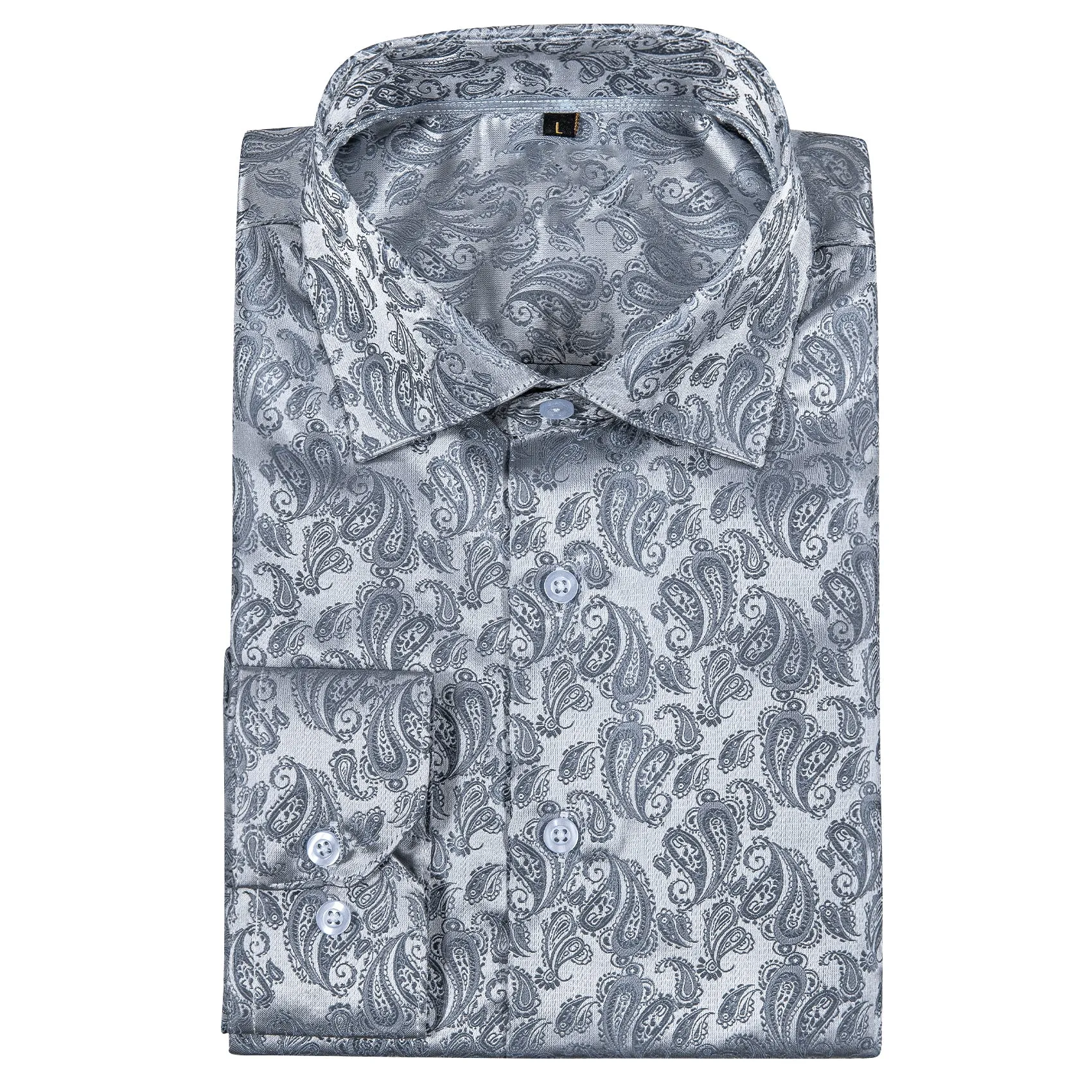 Silver Grey Paisley Style Silk Men's Long Sleeve Shirt