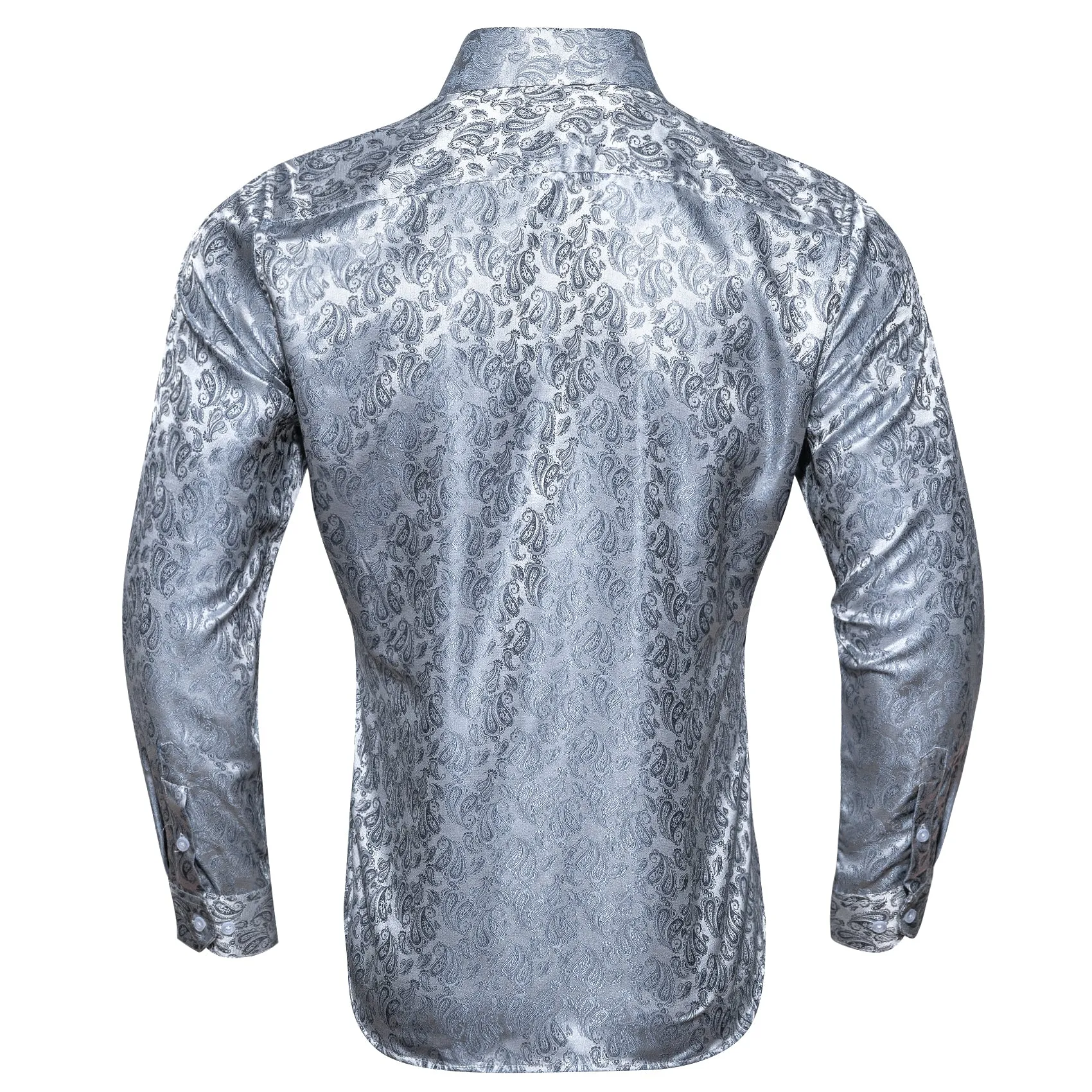 Silver Grey Paisley Style Silk Men's Long Sleeve Shirt