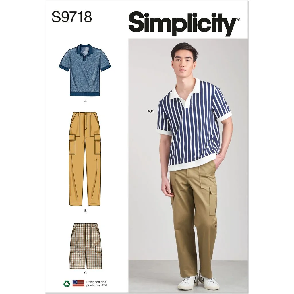 Simplicity Sewing Pattern S9718 Men's Knit Top, Cargo Pants and Shorts