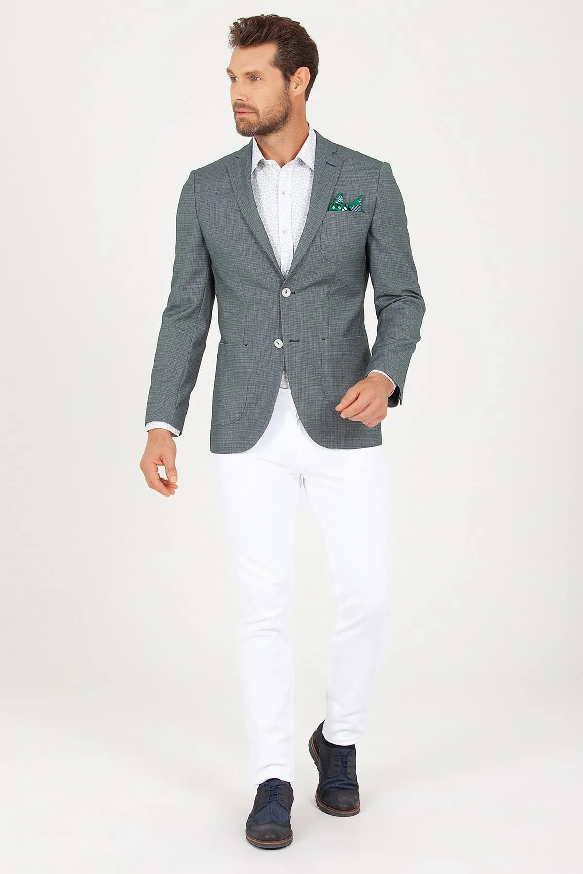 Slim Fit Notch Lapel Green Casual Blazer