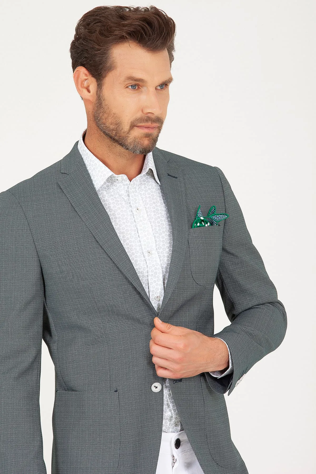 Slim Fit Notch Lapel Green Casual Blazer