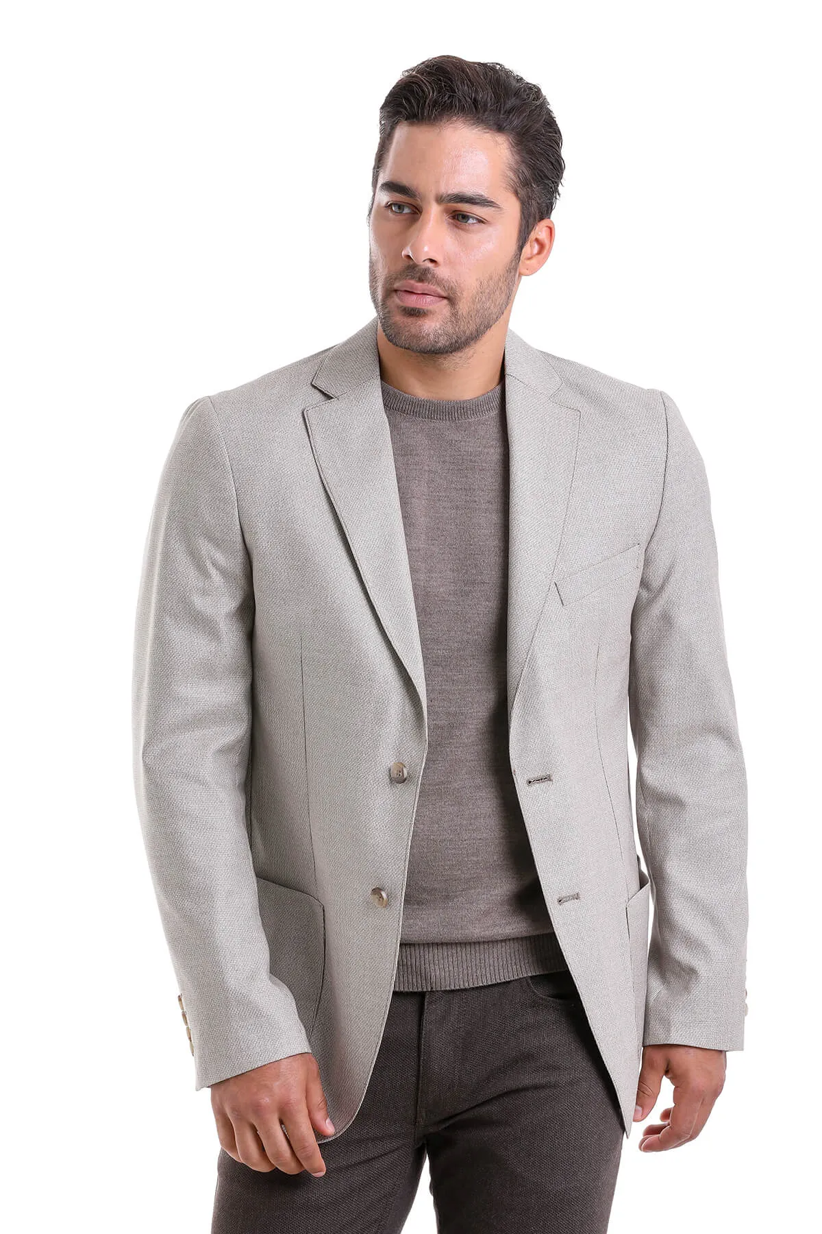 Slim Fit Notch Lapel Patterned Beige Casual Blazer