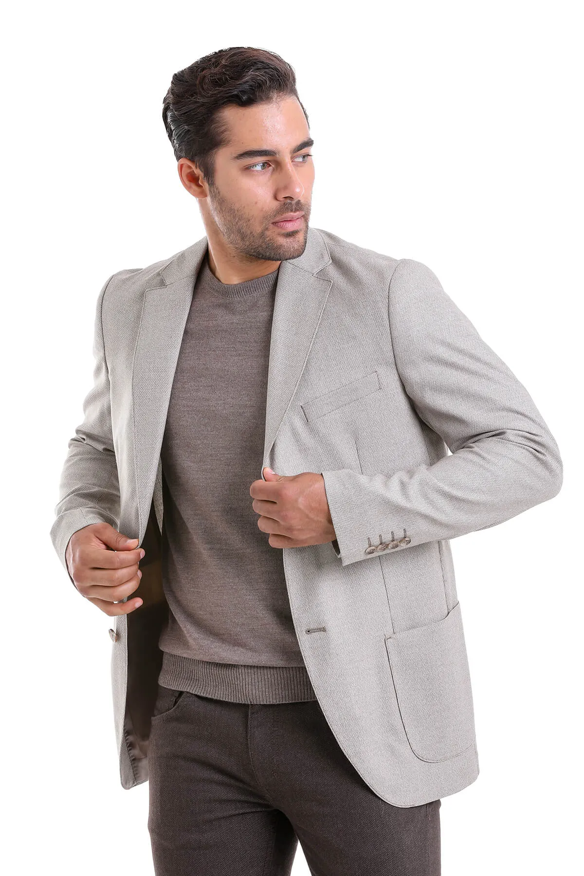 Slim Fit Notch Lapel Patterned Beige Casual Blazer