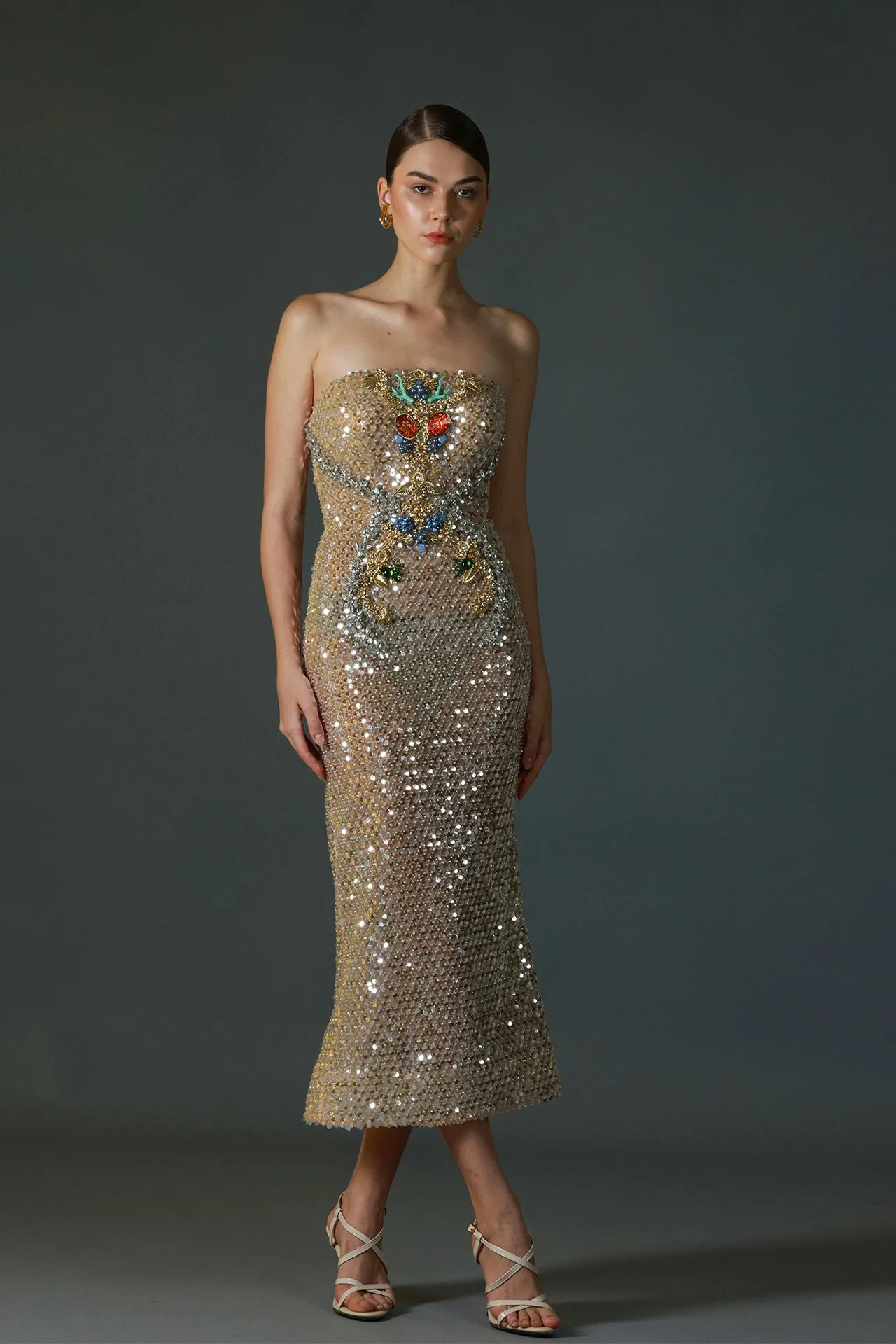 Strapless Sequined Midi Dress