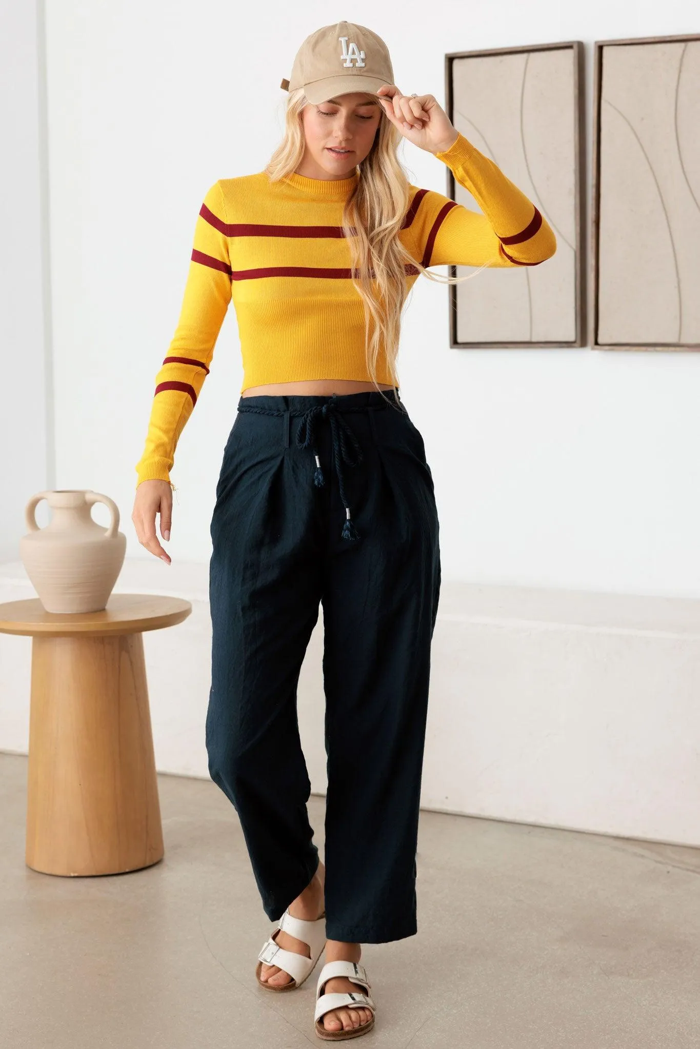 Stripe Long Sleeve Crop Knit Top