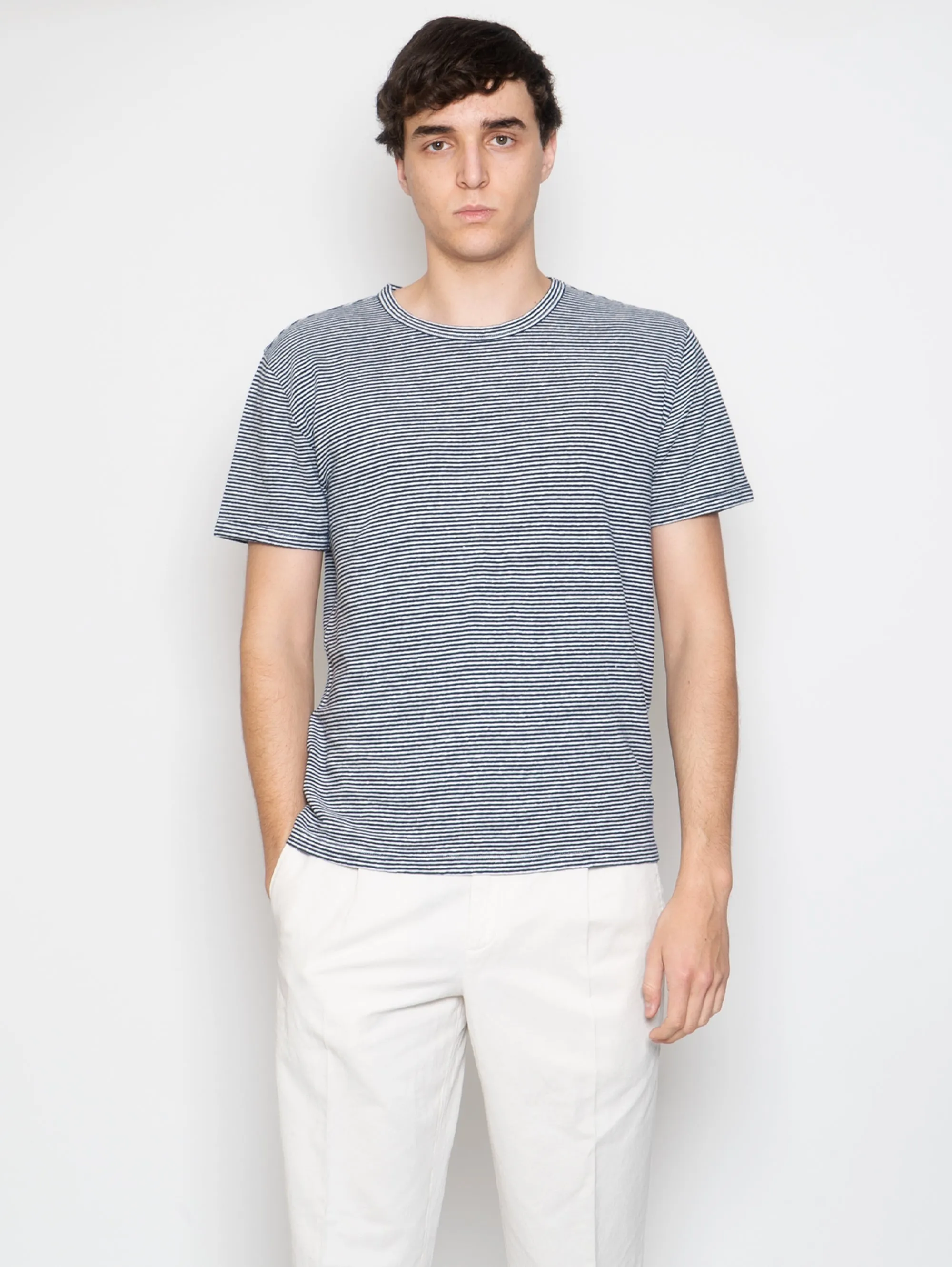 T-shirt in Lino a Righe Bianco/Blu