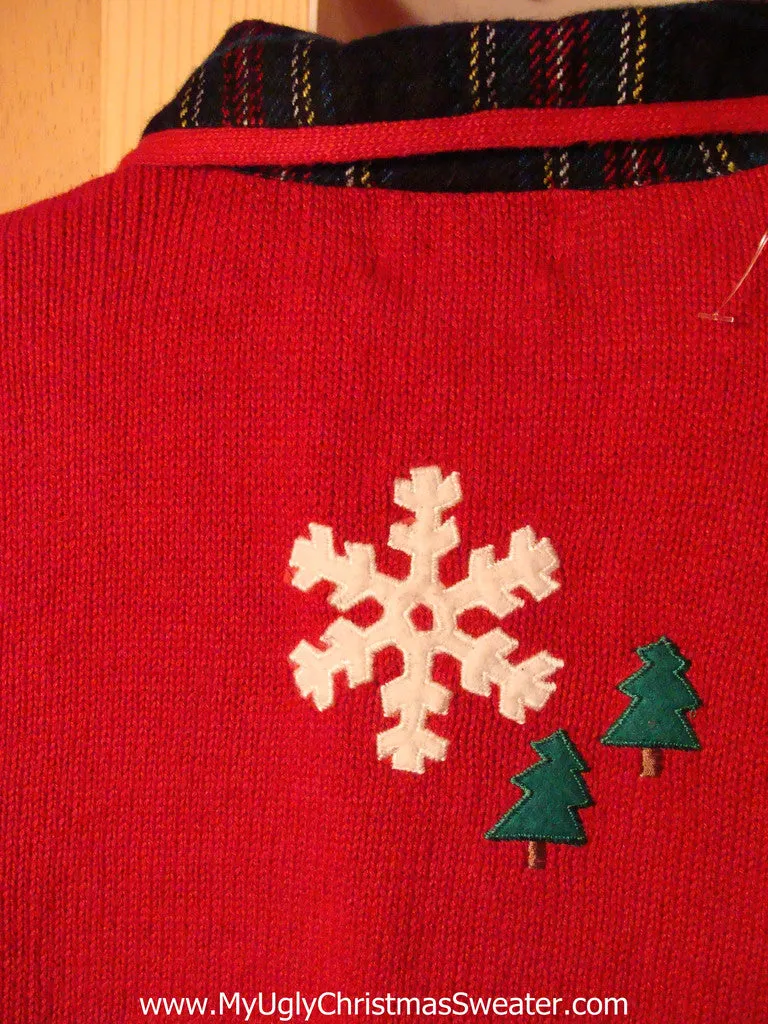 Tacky Ugly Christmas Sweater Crafty Plaid Decorations with Snowflakes and Snowman (f266)