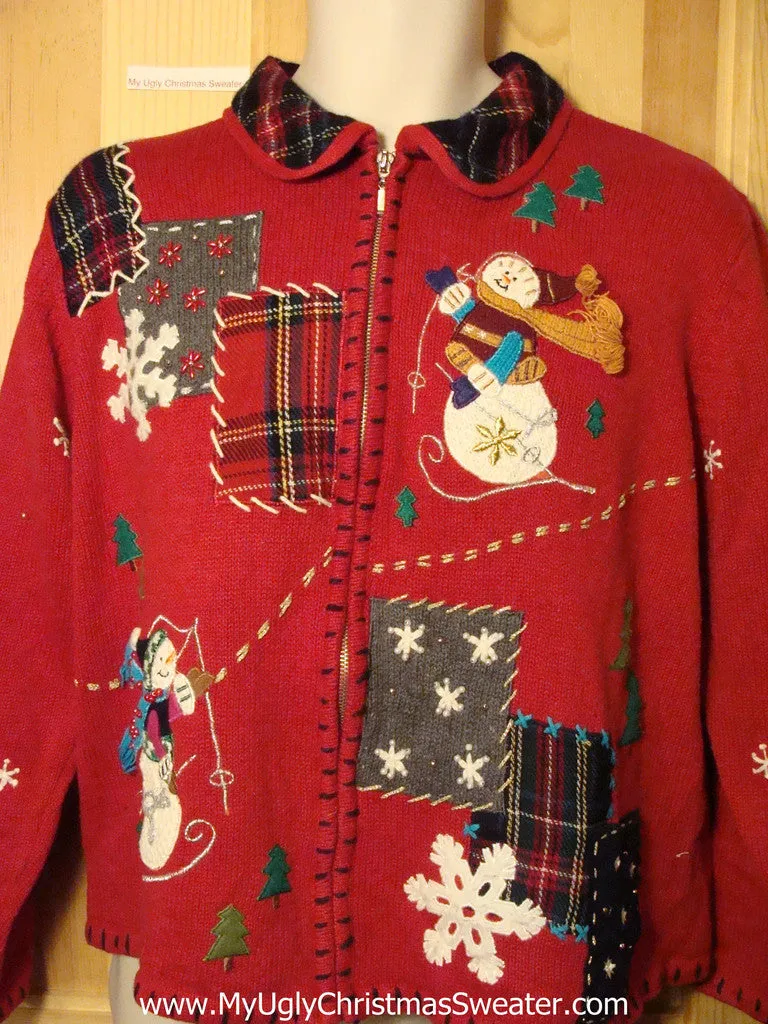 Tacky Ugly Christmas Sweater Crafty Plaid Decorations with Snowflakes and Snowman (f266)