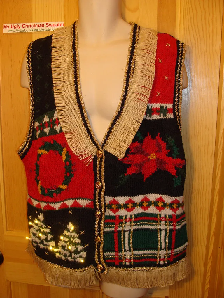 Tacky Ugly Christmas Sweater Vest with Lights and Fringe (g49)