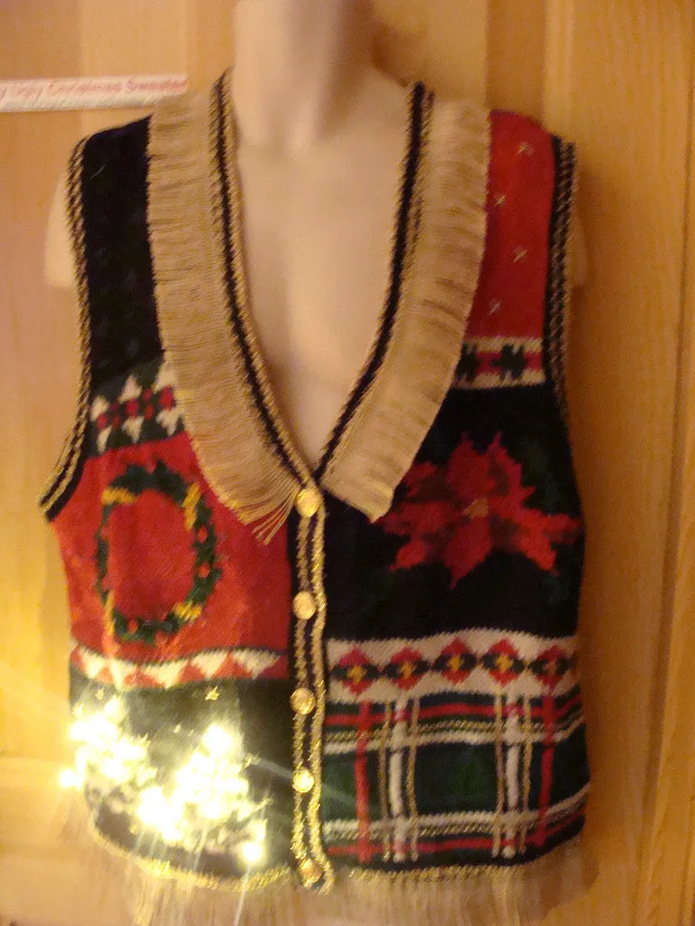 Tacky Ugly Christmas Sweater Vest with Lights and Fringe (g49)