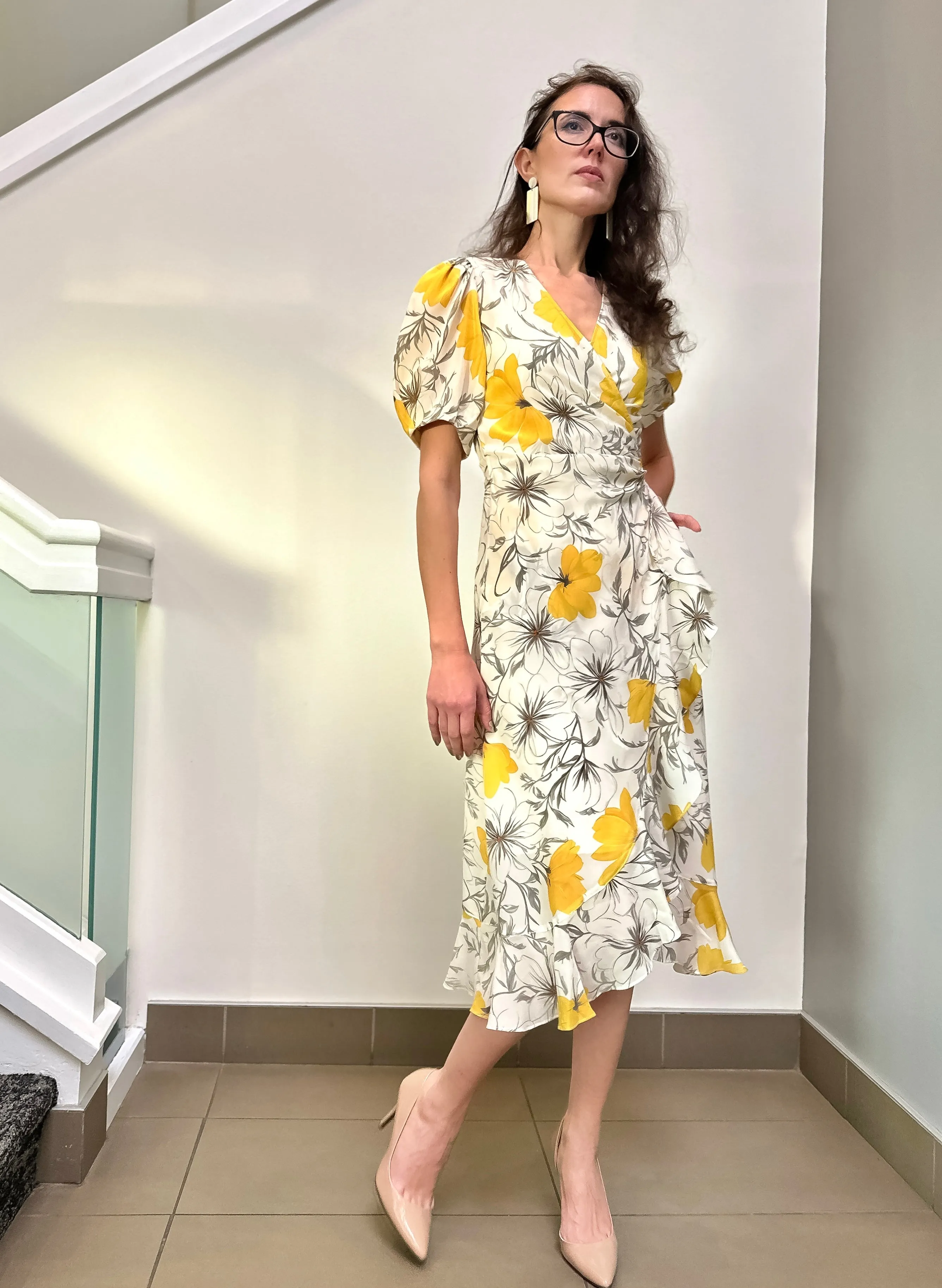 The Golden Blossom Midi Silk Wrap Dress