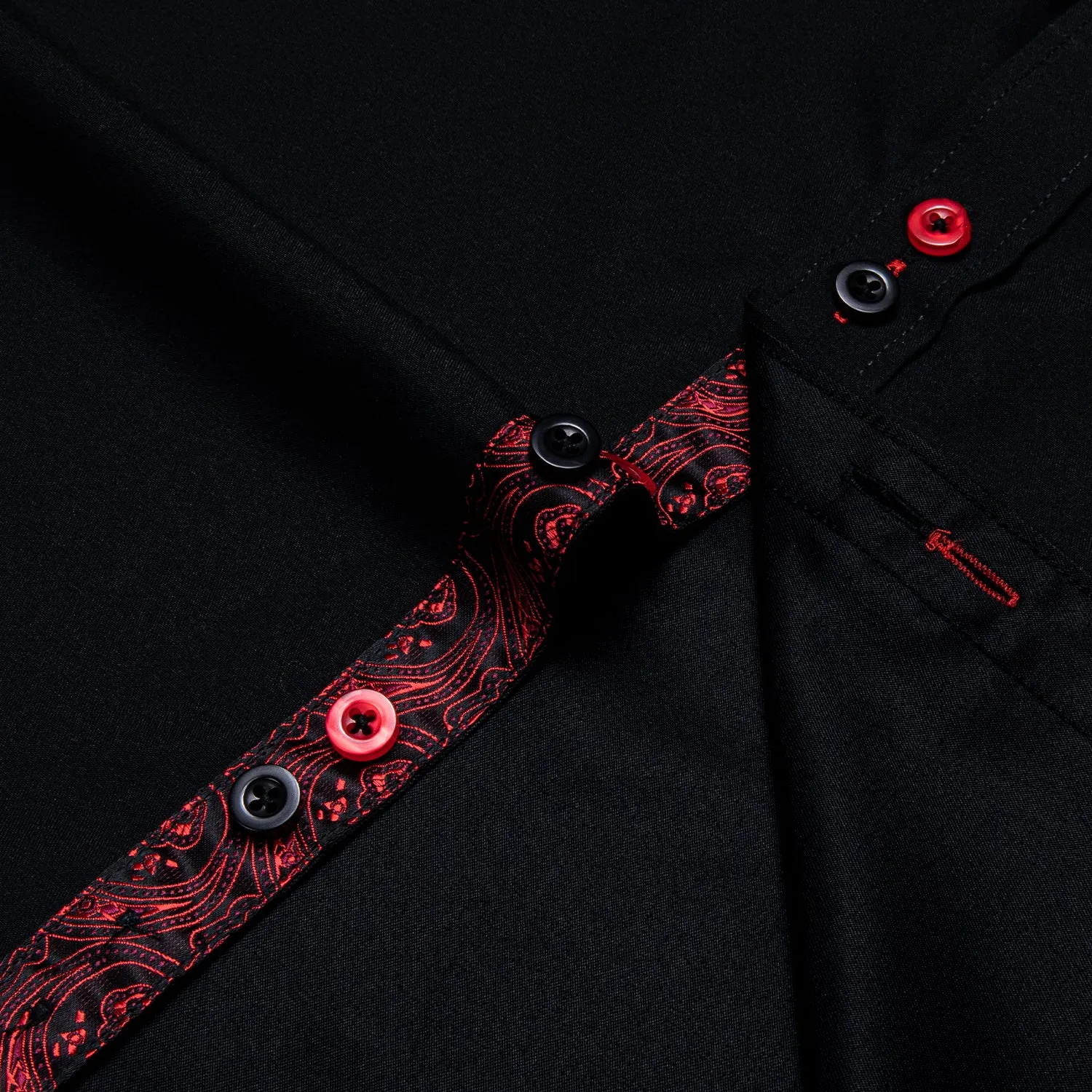 Ties2you Button Down Shirt Black Red Paisley Stitching Silk Men's Long Sleeve Shirt