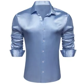 Ties2you Button Shirt Dark Pastel Blue Solid Satin Mens Long Sleeve Dress Shirt