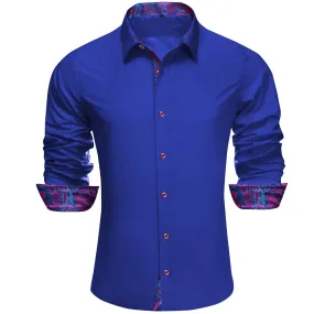 Ties2you Button Up Shirt Royal Azure Blue Splicing Purple Collared Silk Long Sleeve Shirt for Men