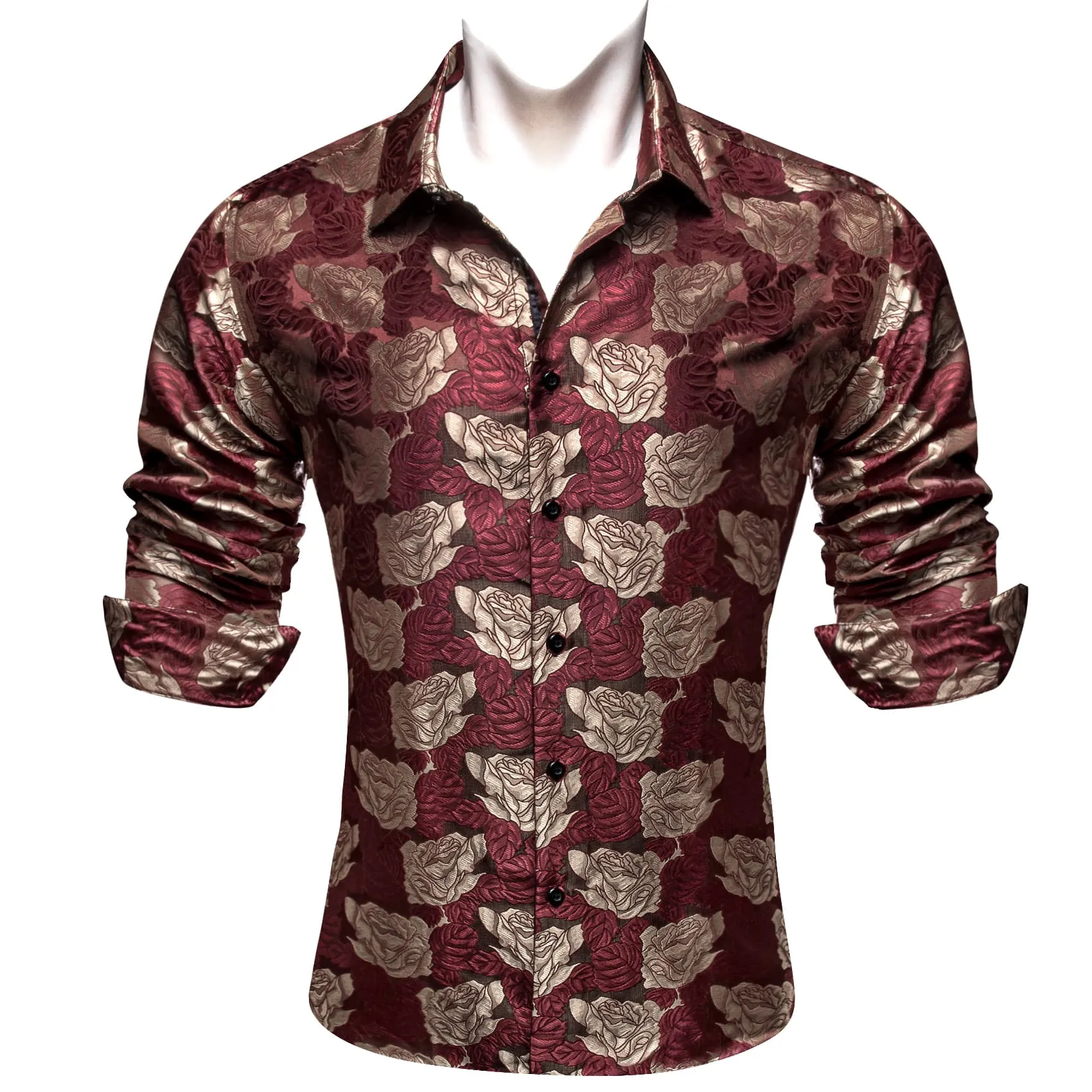 Ties2you Casual Shirt Deep Red Brown Rose Floral Long Sleeve Button Up Shirts for Men