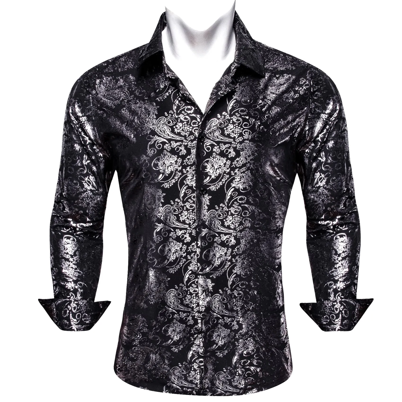 Ties2you Dress Shirt Black Silver Hot Stamping Floral Long Sleeve Button Up Mens Shirts