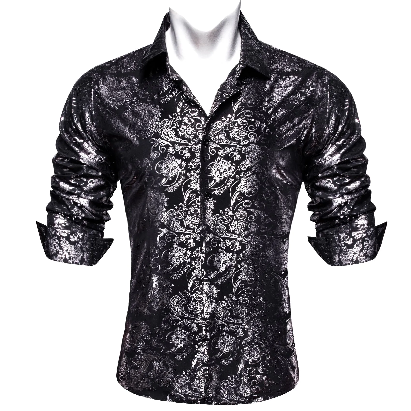 Ties2you Dress Shirt Black Silver Hot Stamping Floral Long Sleeve Button Up Mens Shirts