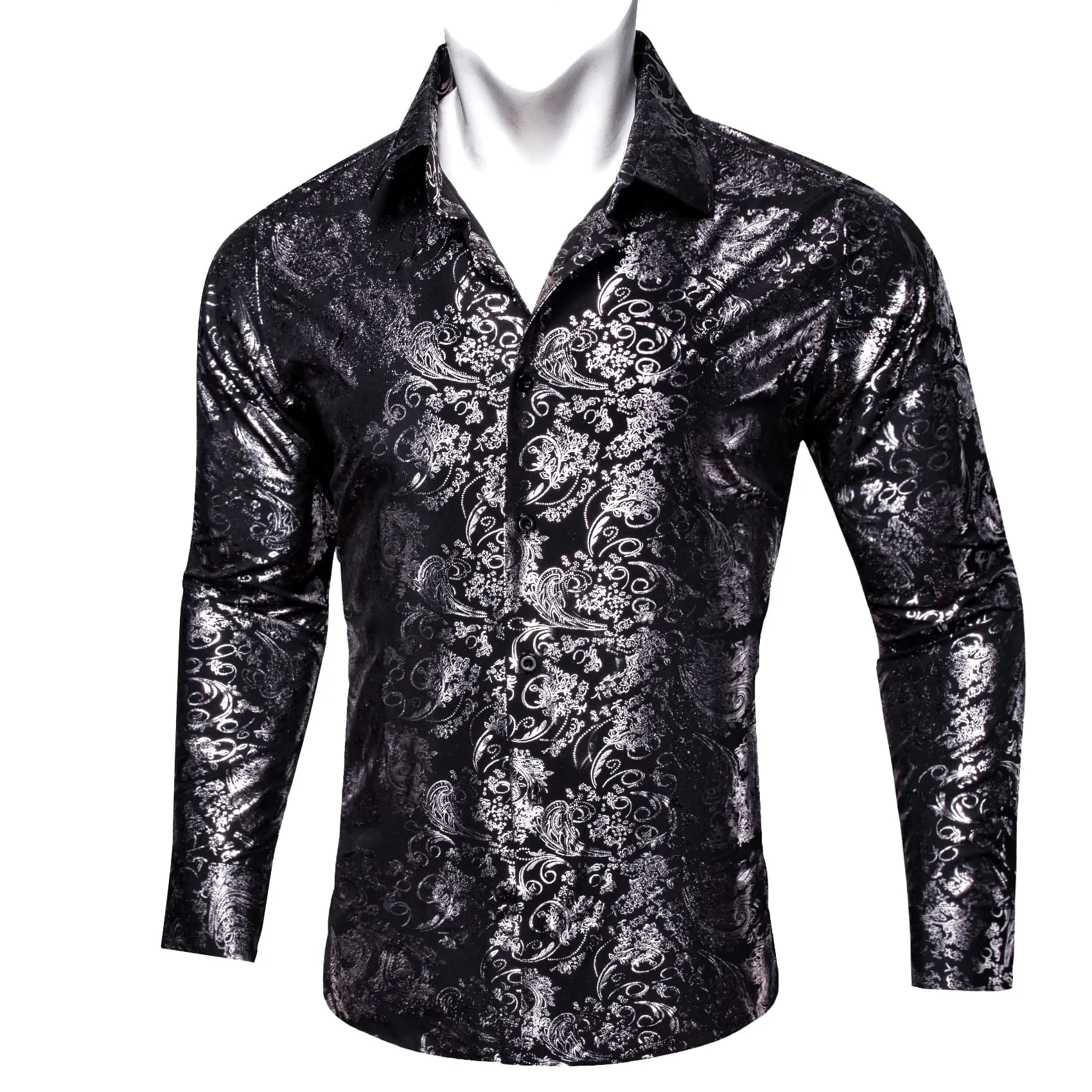 Ties2you Dress Shirt Black Silver Hot Stamping Floral Long Sleeve Button Up Mens Shirts