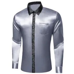 Ties2you Dress Shirt Coin Grey Solid Splicing Paisley Button Down Long Sleeve Shirts for Men