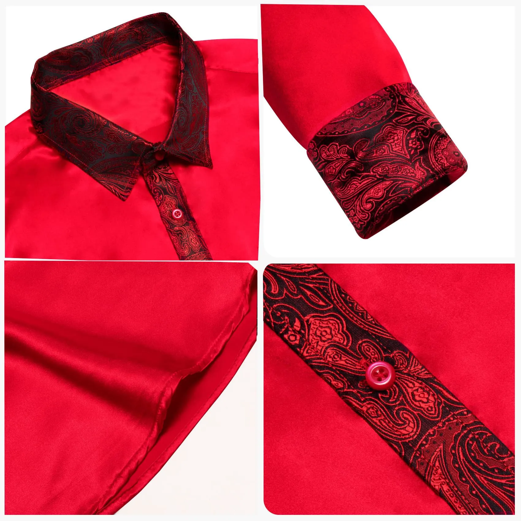 Ties2you Dress Shirt Red Solid Splicing Paisley Button Up Long Sleeve Mens Shirts