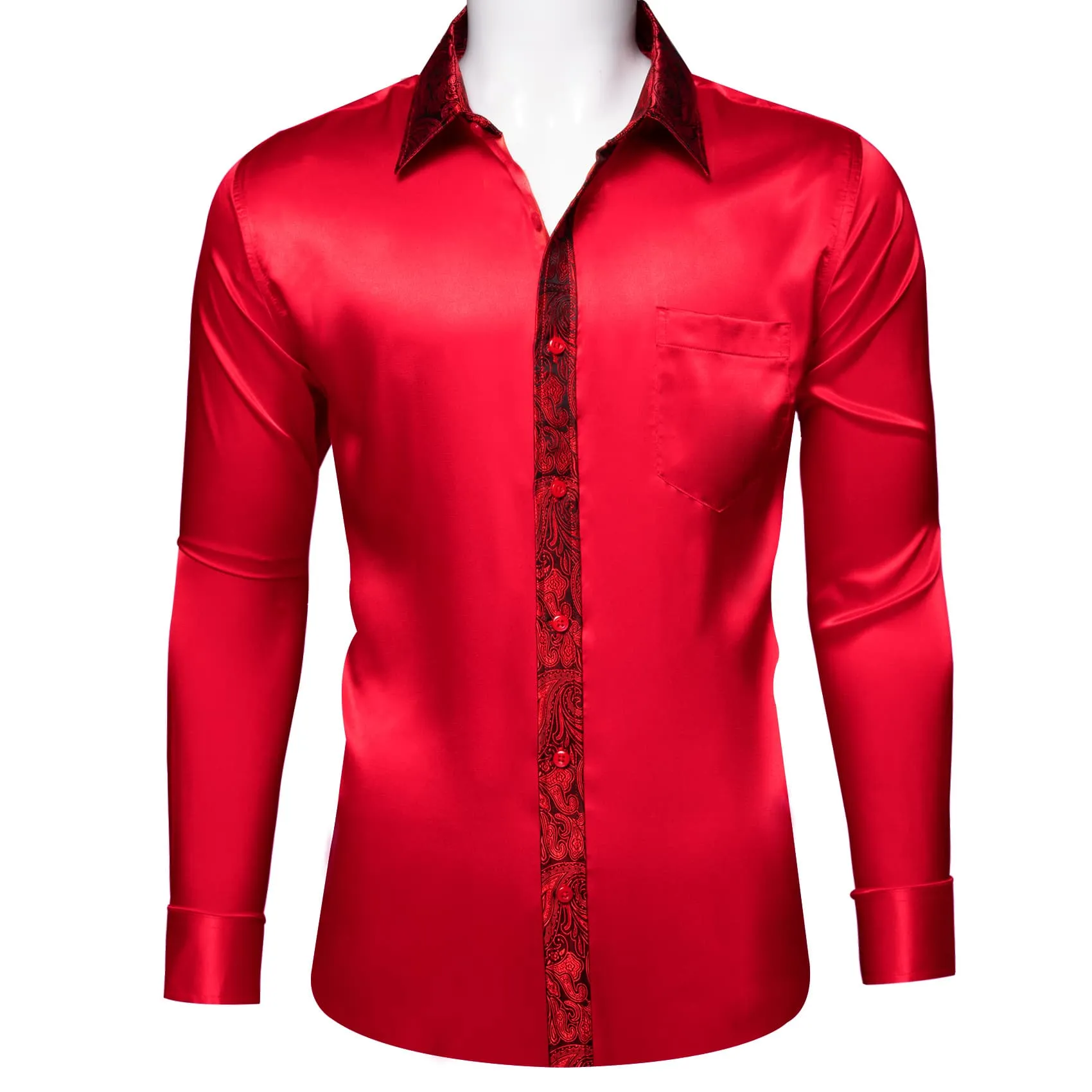 Ties2you Dress Shirt Red Solid Splicing Paisley Button Up Long Sleeve Mens Shirts