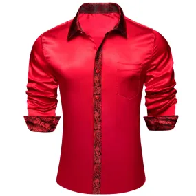 Ties2you Dress Shirt Red Solid Splicing Paisley Button Up Long Sleeve Mens Shirts