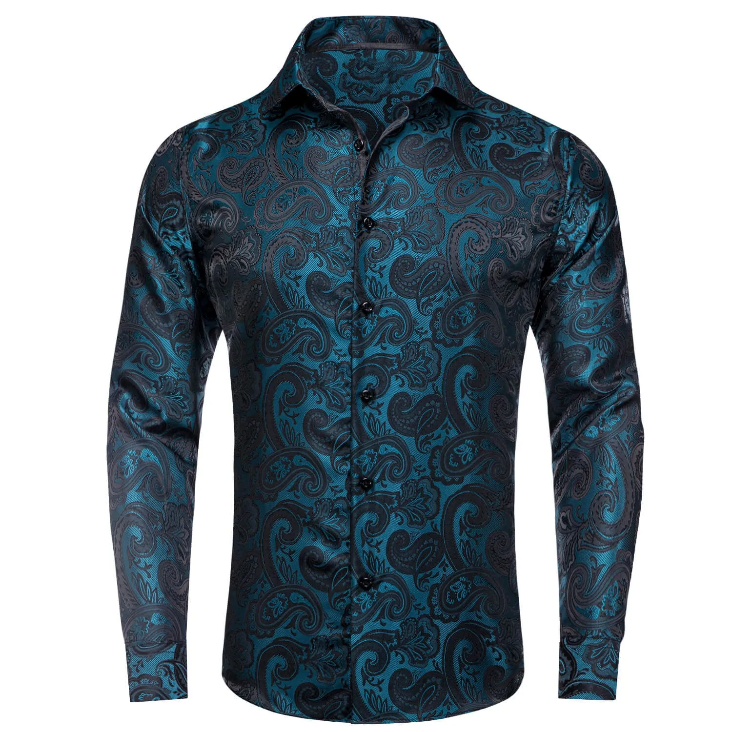 Ties2you Men's Shirt Teal Black Paisley Silk Long Sleeve Dress Shirt