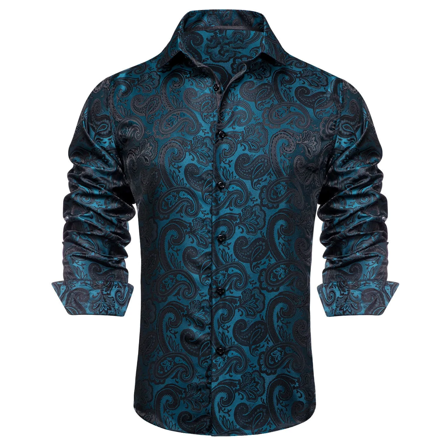 Ties2you Men's Shirt Teal Black Paisley Silk Long Sleeve Dress Shirt