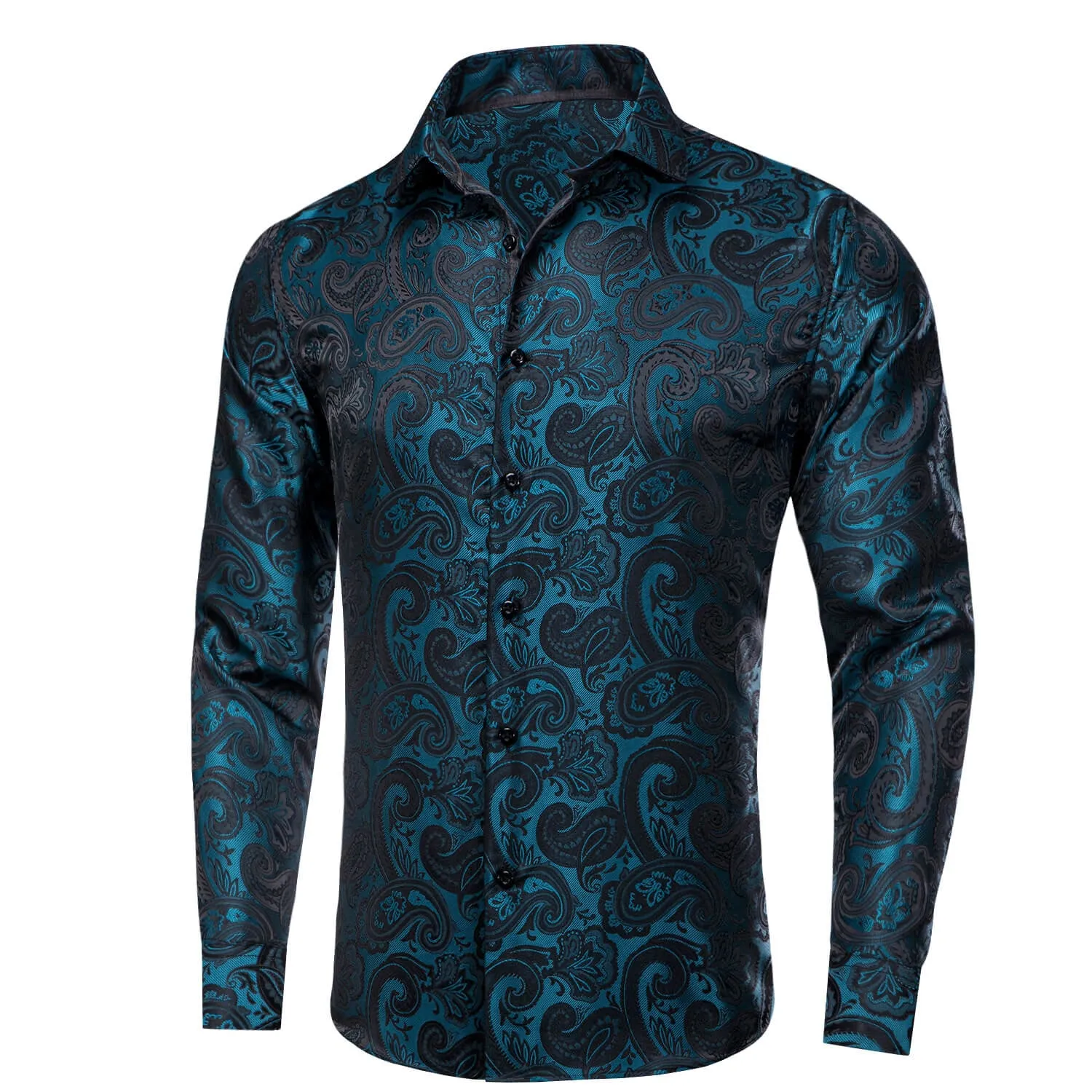 Ties2you Men's Shirt Teal Black Paisley Silk Long Sleeve Dress Shirt