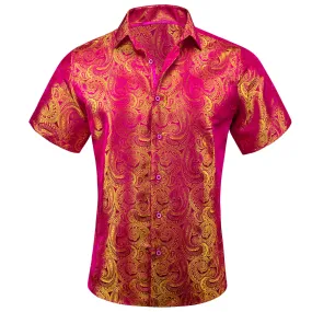 Ties2you Short Sleeve Shirt Deep Pink Yellow Paisley Men's Silk Shirt