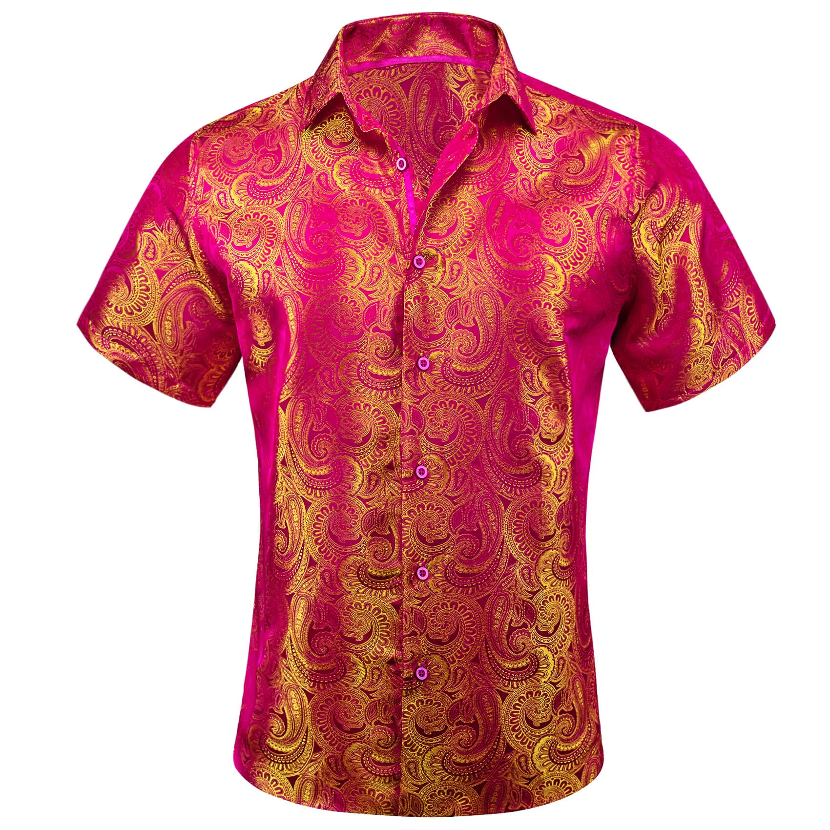 Ties2you Short Sleeve Shirt Deep Pink Yellow Paisley Men's Silk Shirt