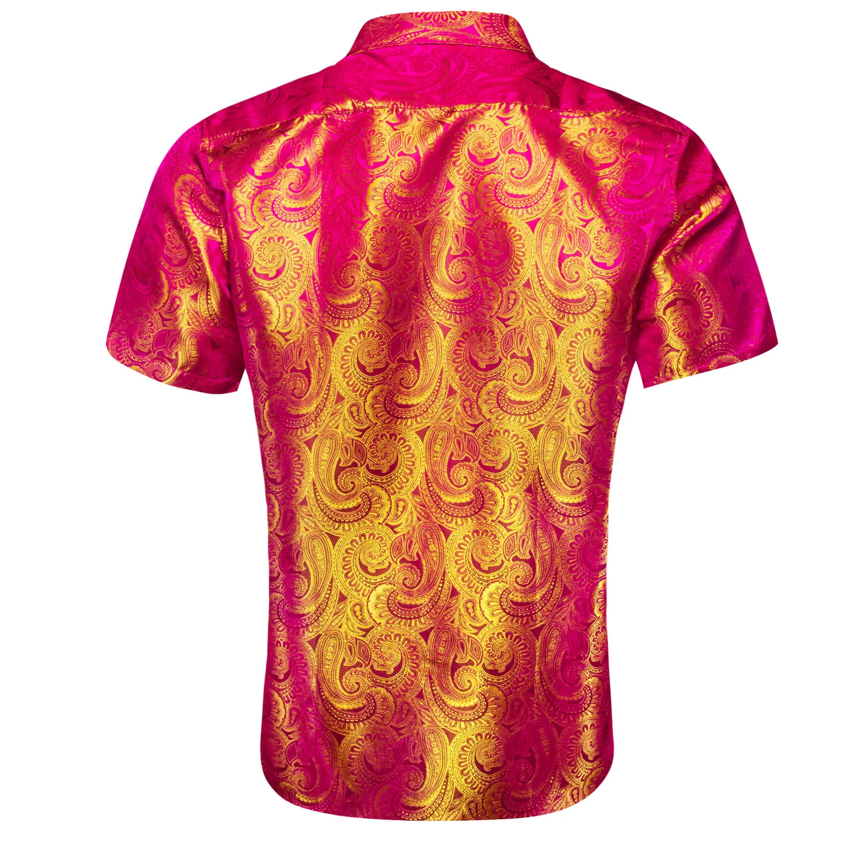 Ties2you Short Sleeve Shirt Deep Pink Yellow Paisley Men's Silk Shirt