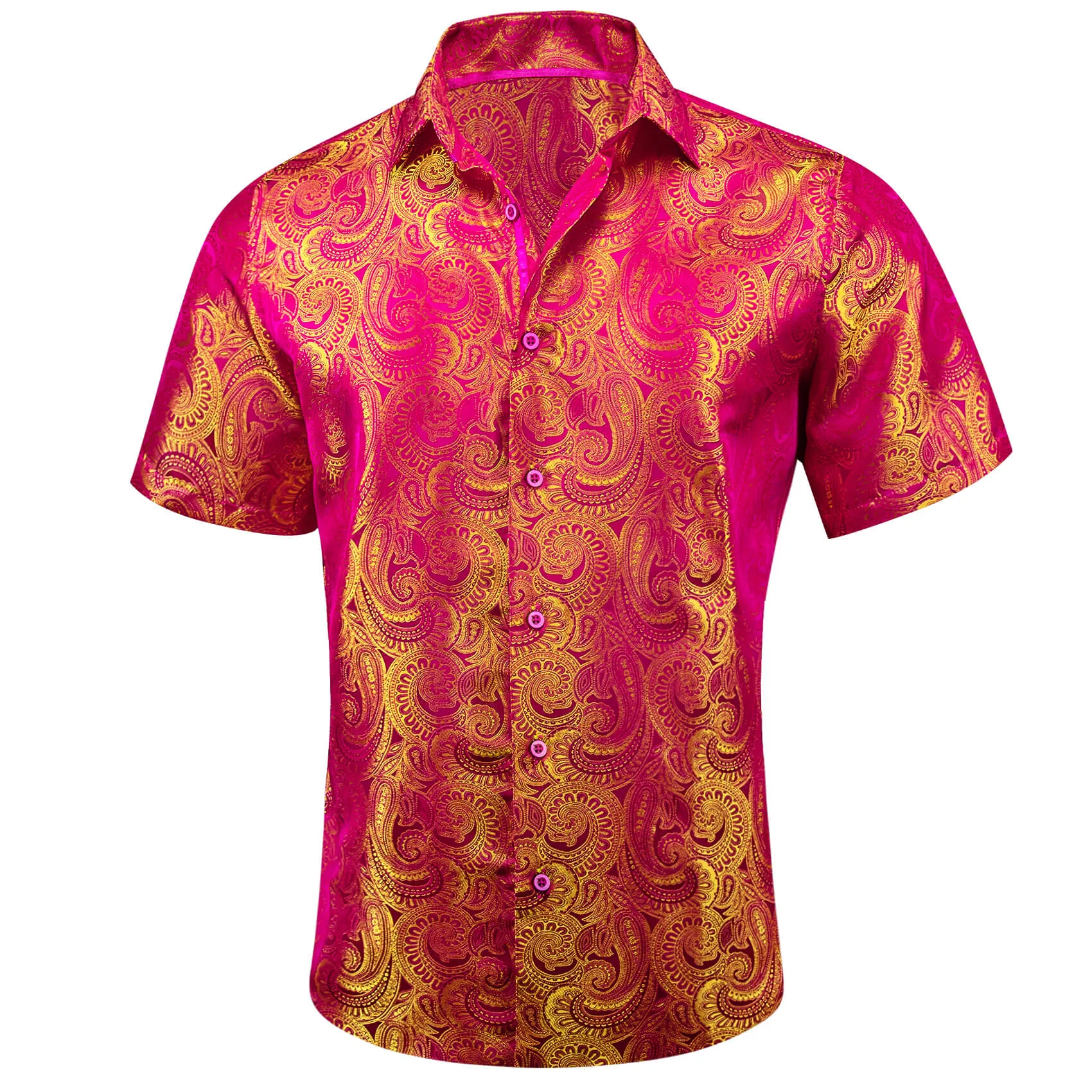 Ties2you Short Sleeve Shirt Deep Pink Yellow Paisley Men's Silk Shirt