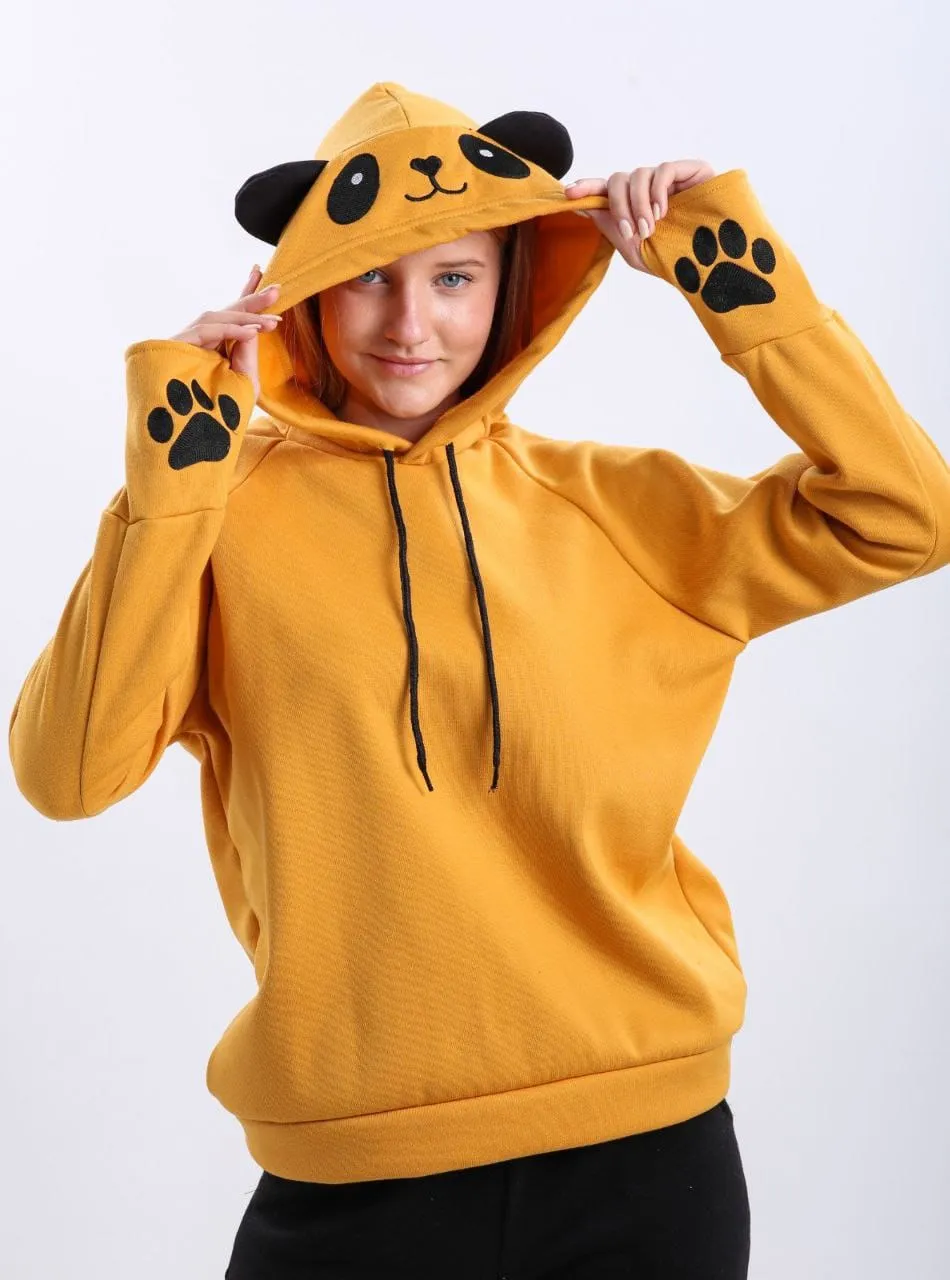 Turkish Cute Panda Hoodie Women Fashion Sweatshirt- Mustard Yellow