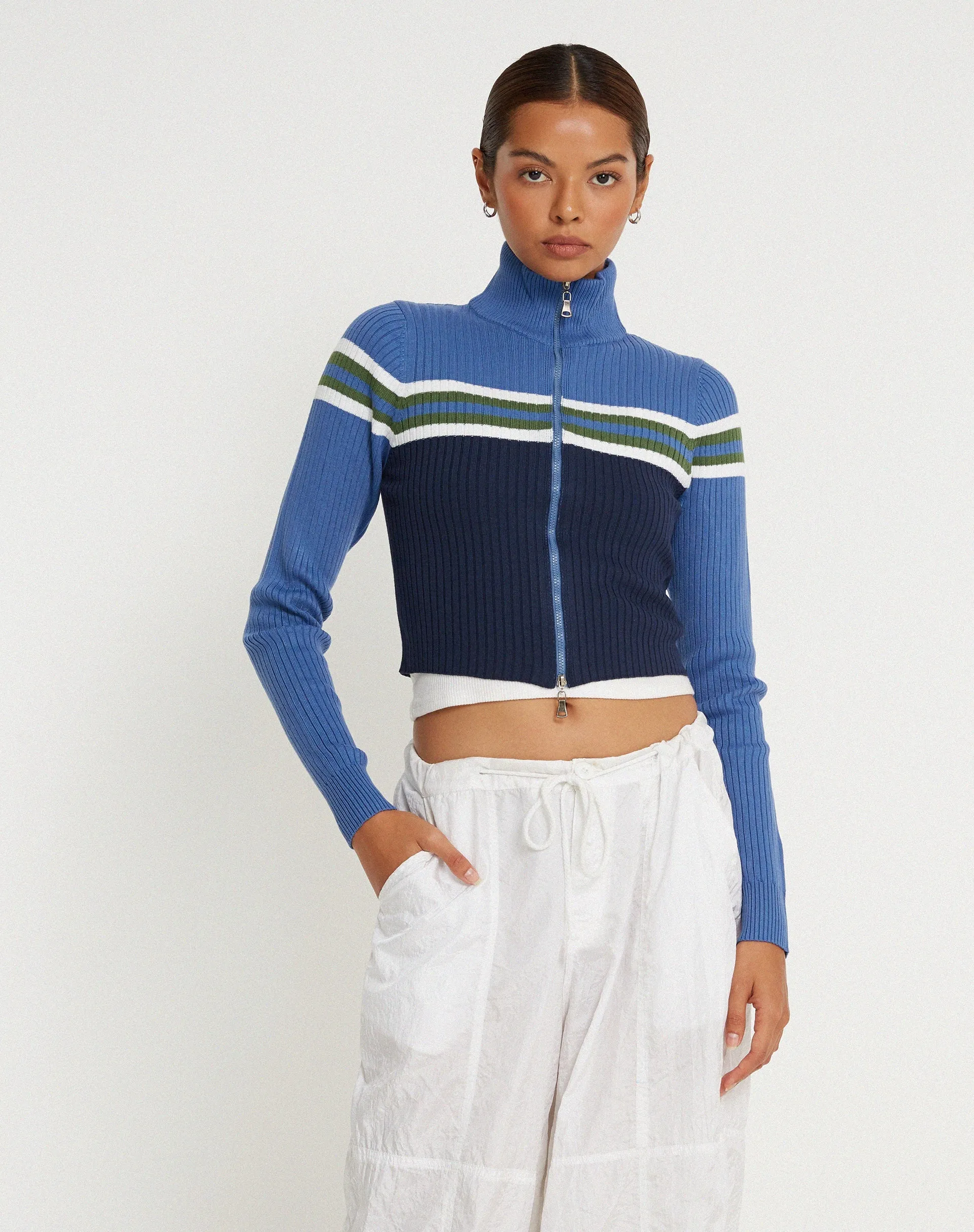 Tuzifa Cropped Knit Jumper in Navy Green and Blue