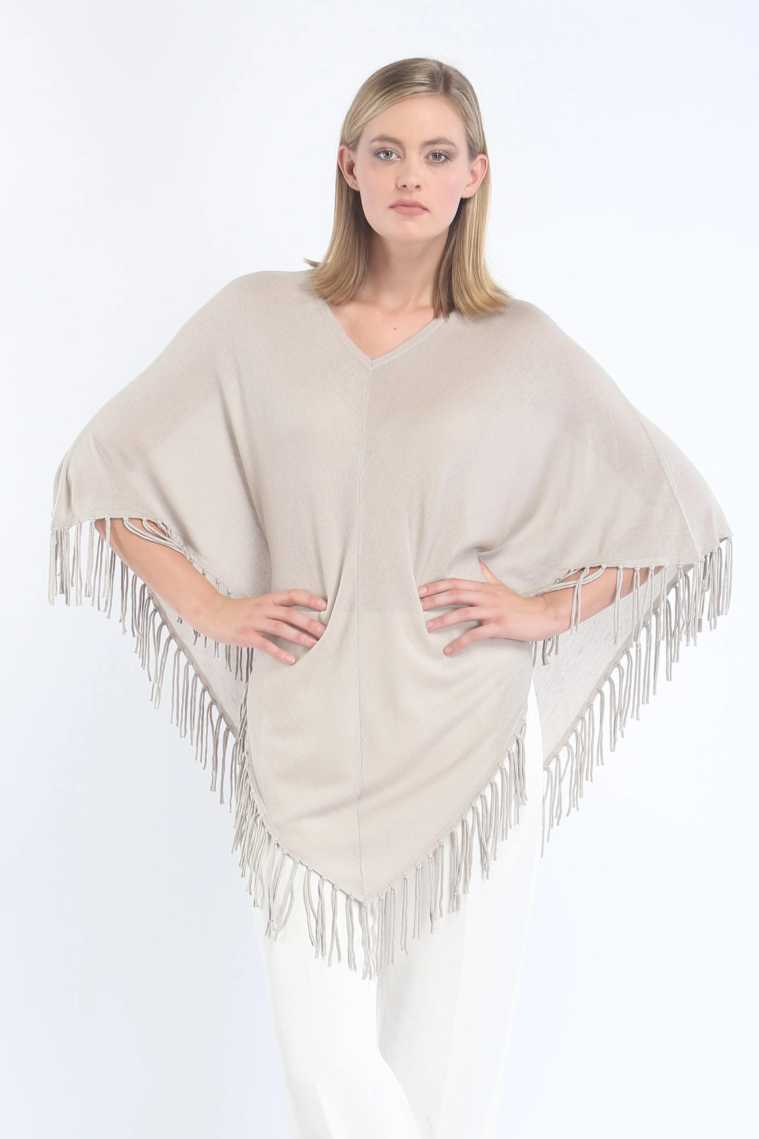 V Neck Fringed Poncho