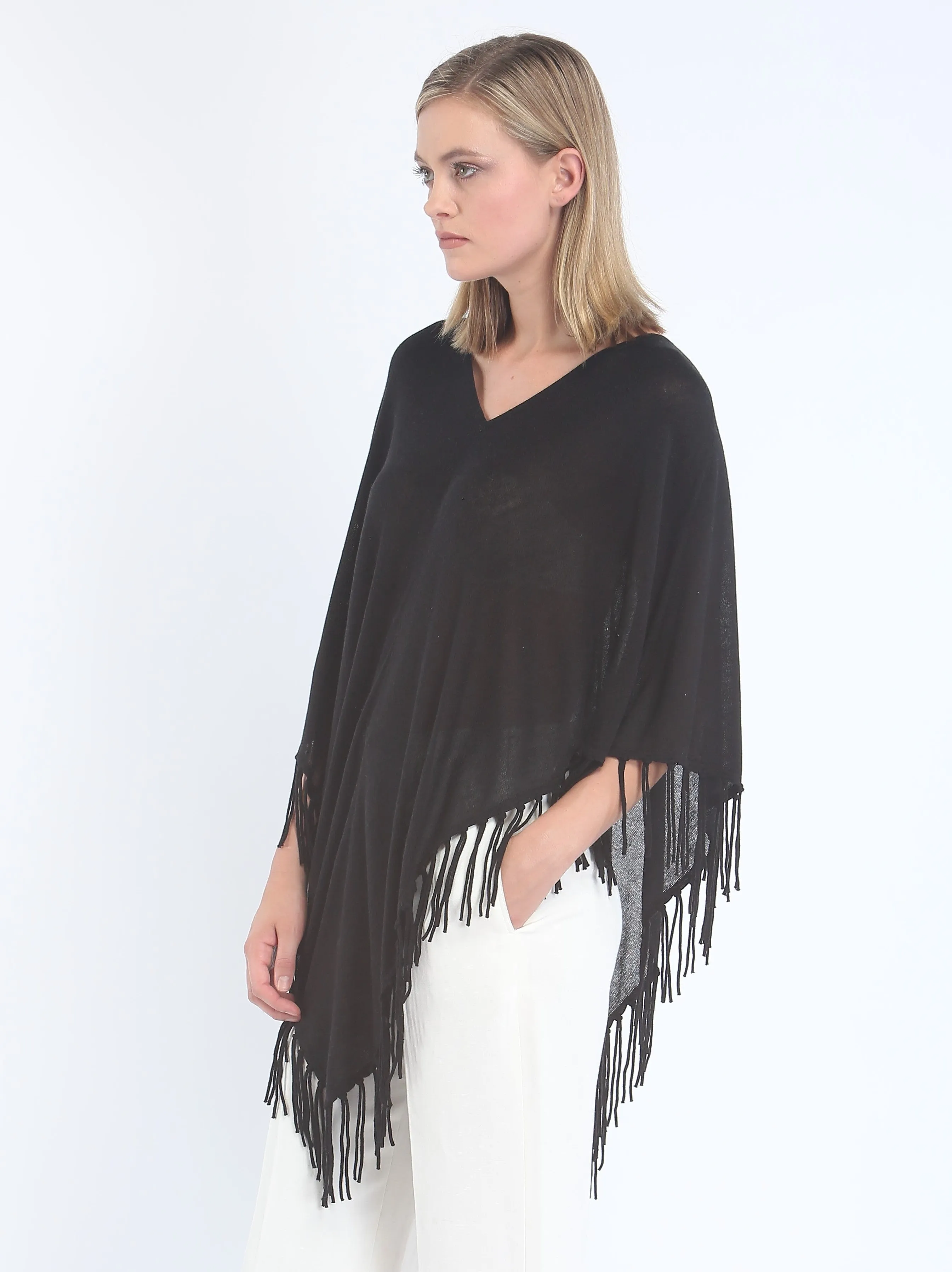 V Neck Fringed Poncho