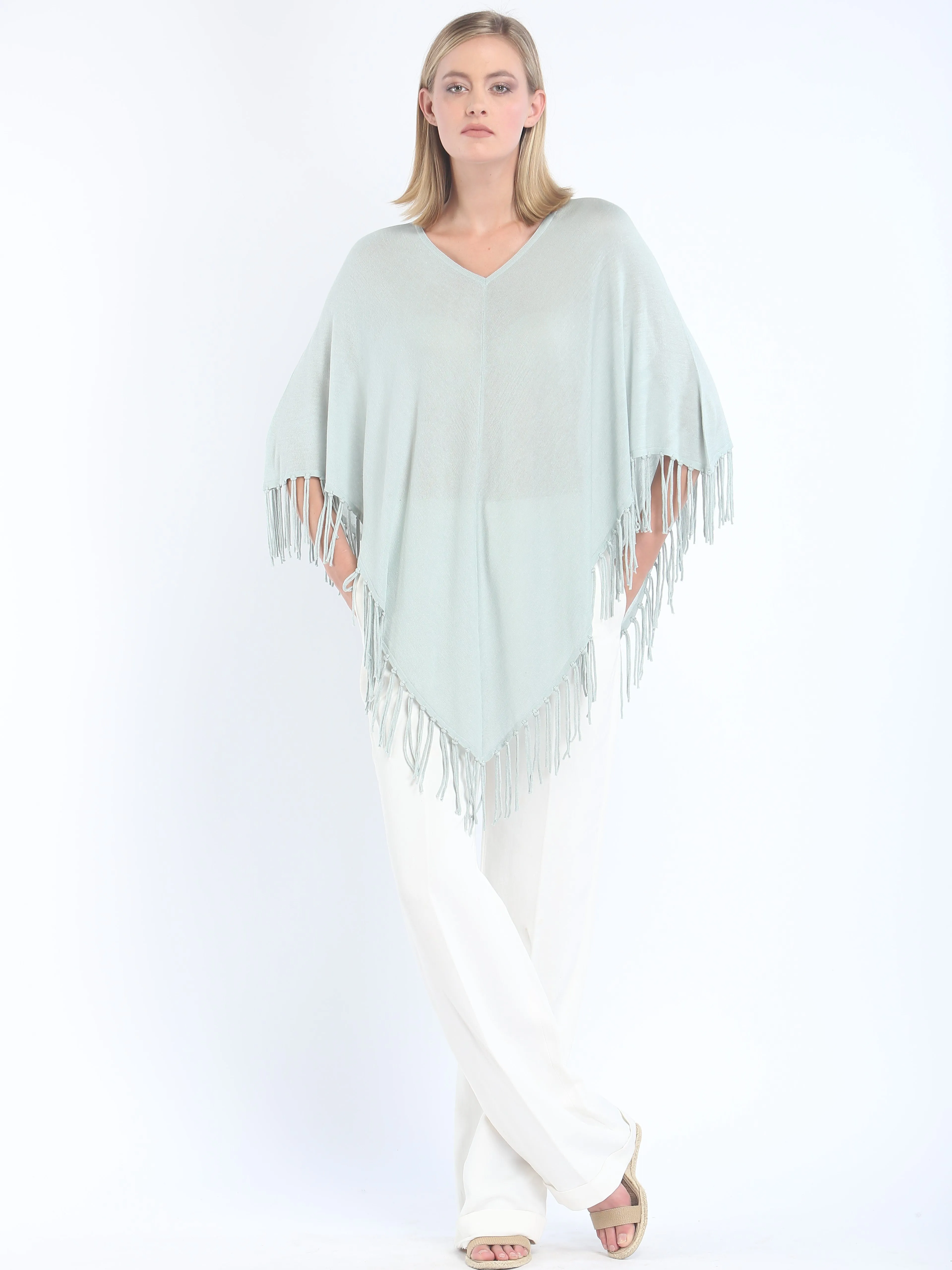 V Neck Fringed Poncho