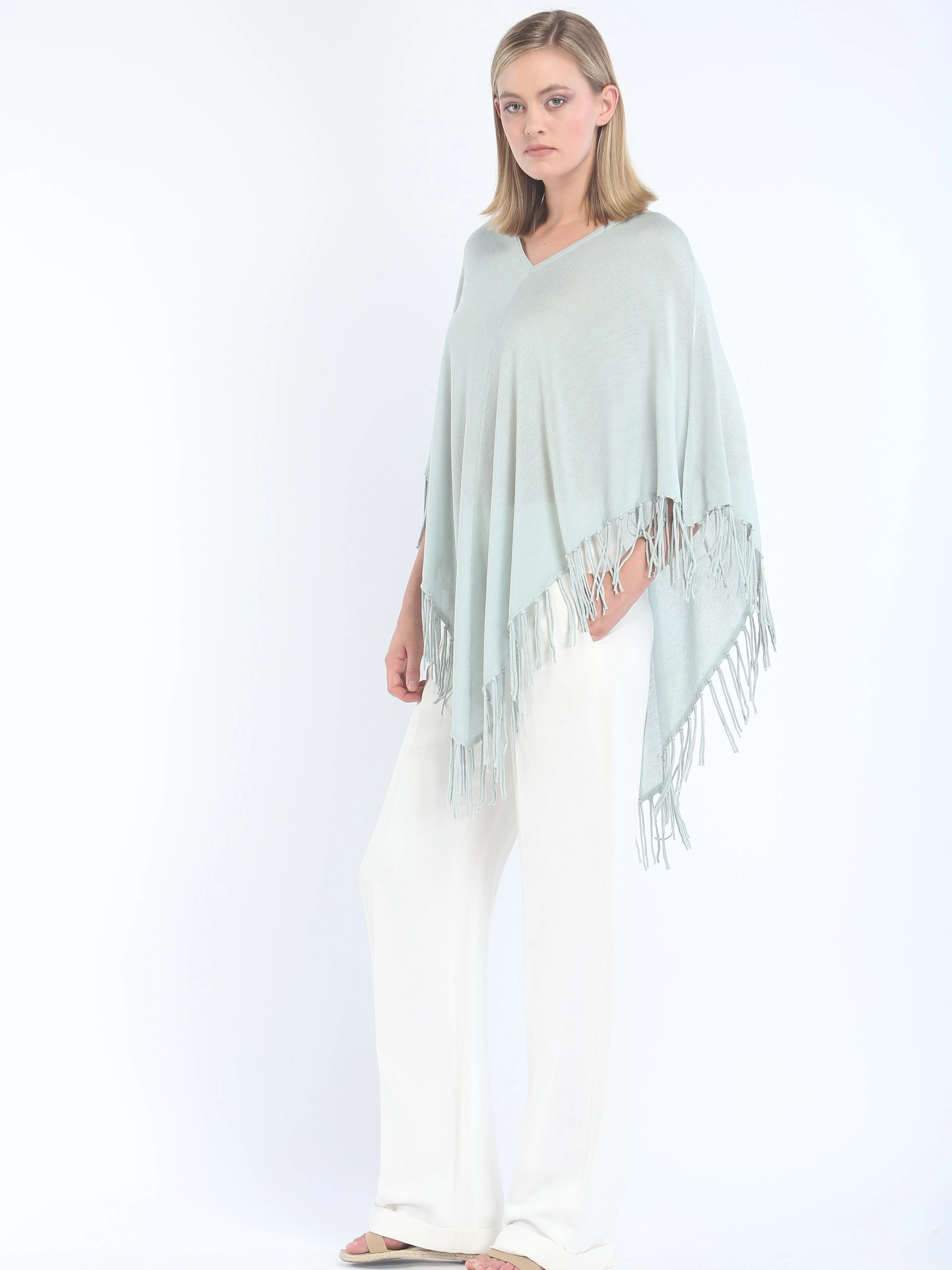 V Neck Fringed Poncho